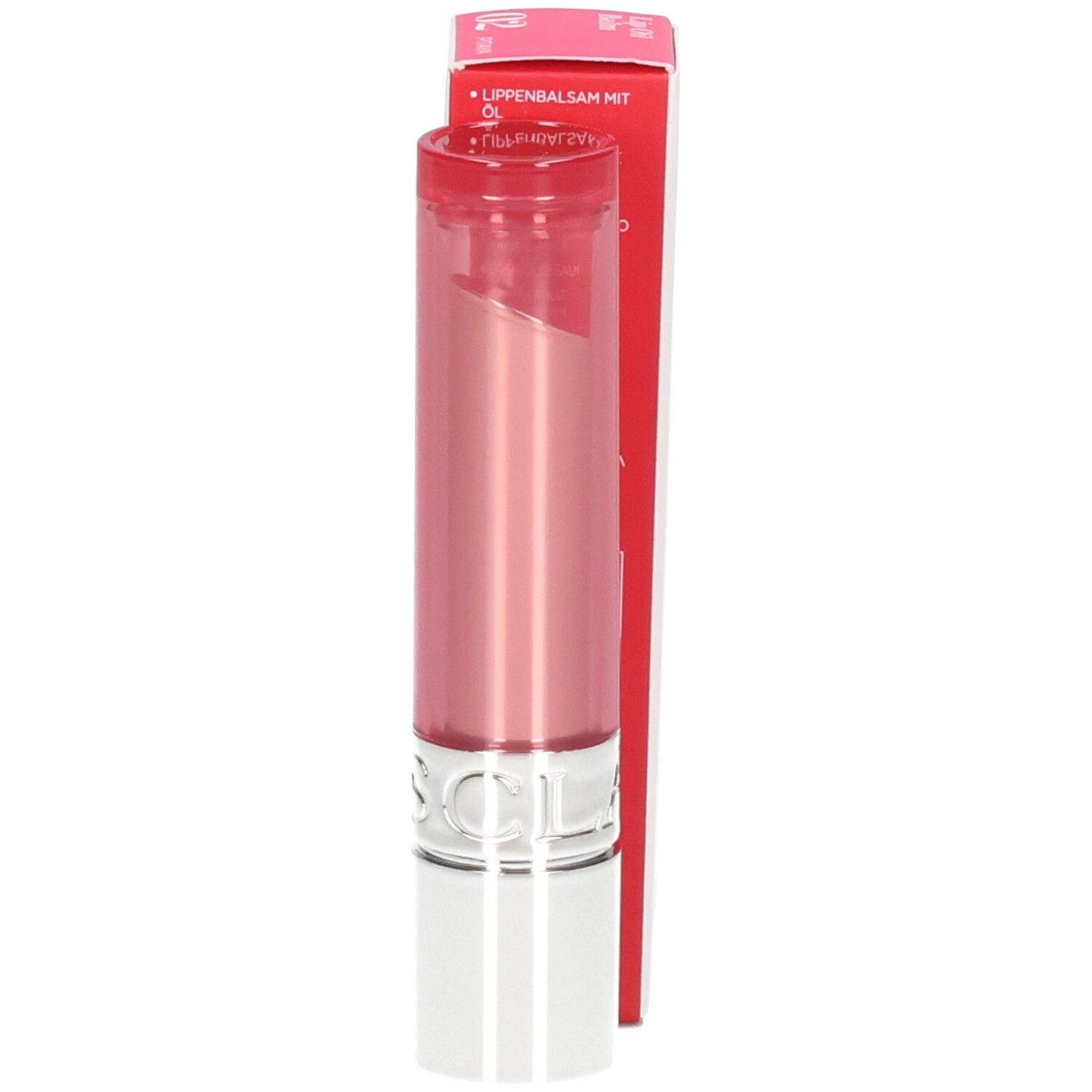 Clarins Lip Oil Balm 02, balsamo labbra accanto alla confezione.