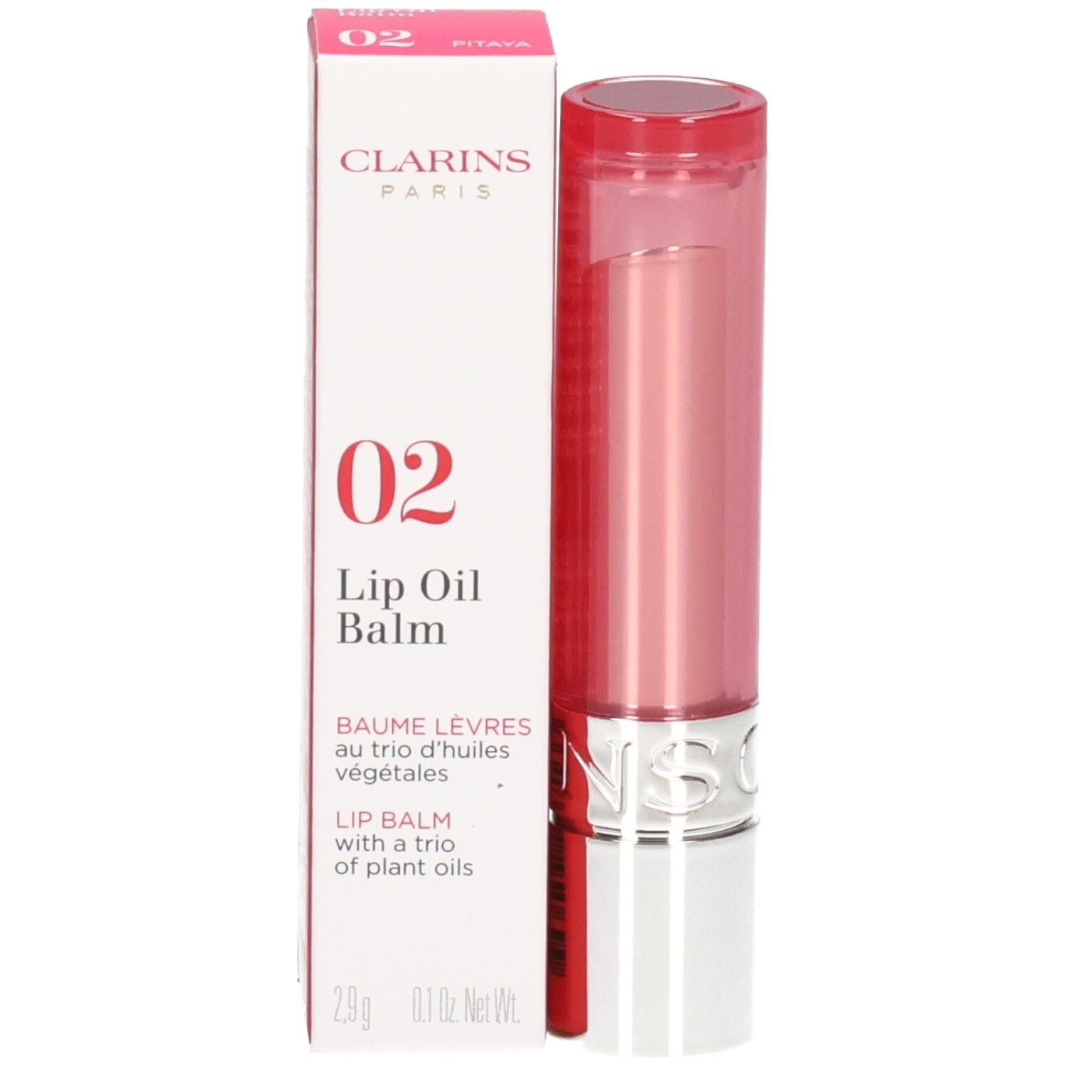 Clarins Lip Oil Balm 02 nella sua confezione rosa, in posizione verticale.