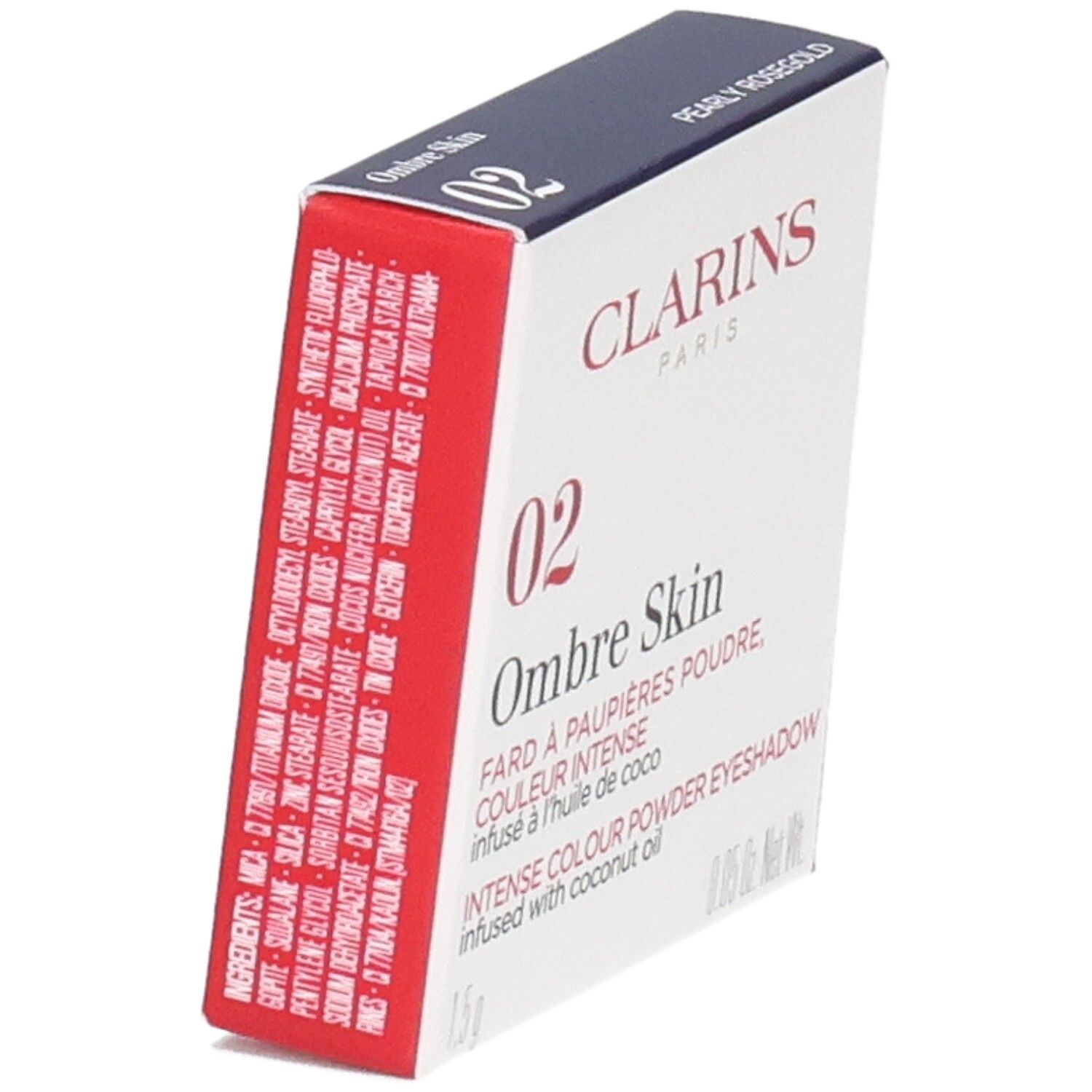 Clarins Ombre Skin ombretto 02 Pearly Rosegold scatola, vista laterale con ingredienti.