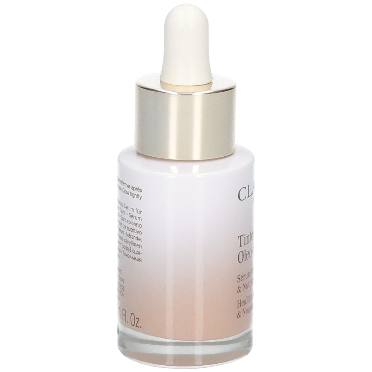 Retro del flacone Clarins Tinted Oleo-Serum con contagocce, tonalità 02.5.
