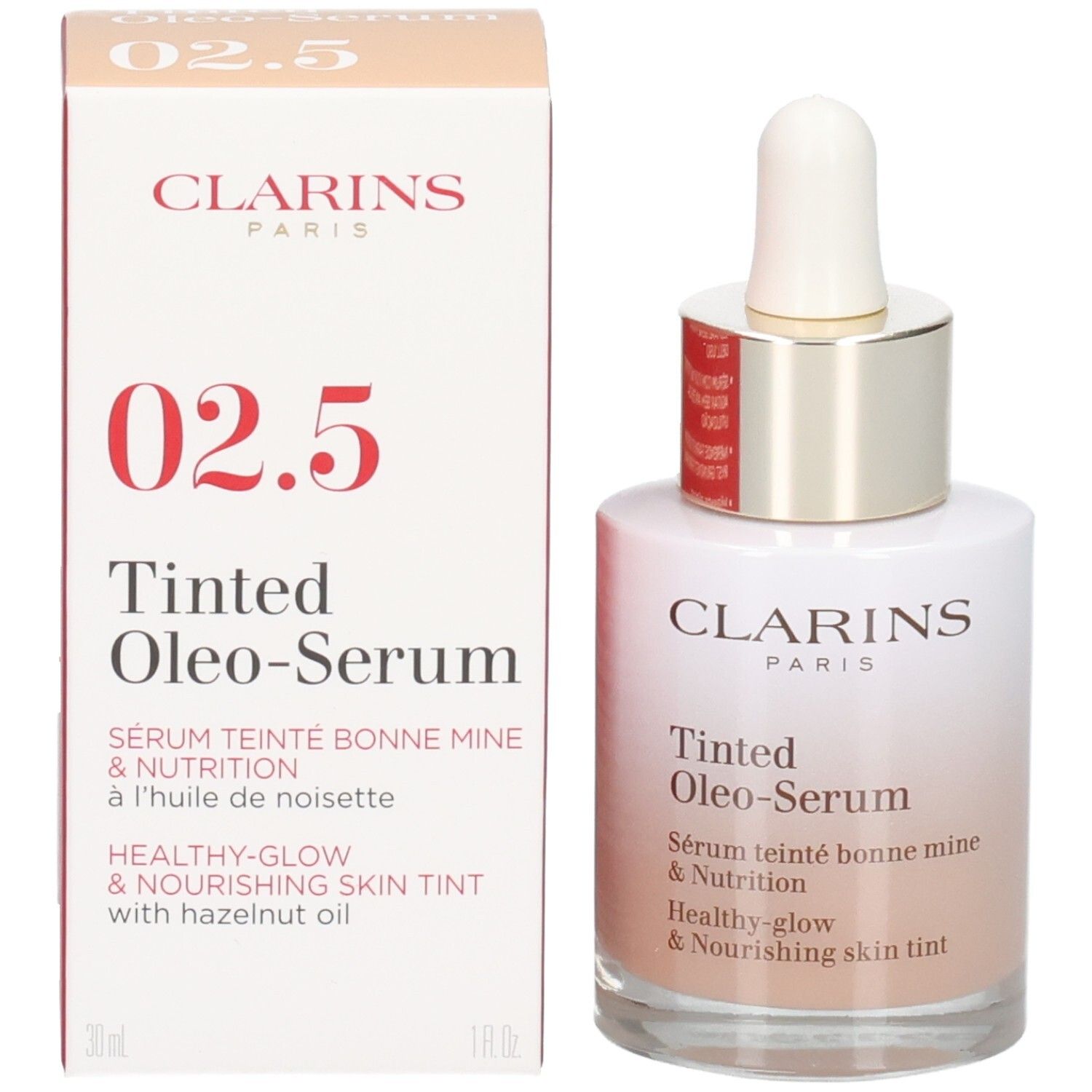 Flacone e scatola Clarins Tinted Oleo-Serum, tonalità 02.5.