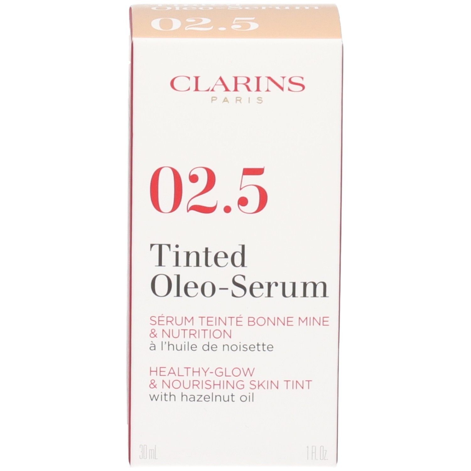 Scatola per Clarins Tinted Oleo-Serum, tonalità 02.5.