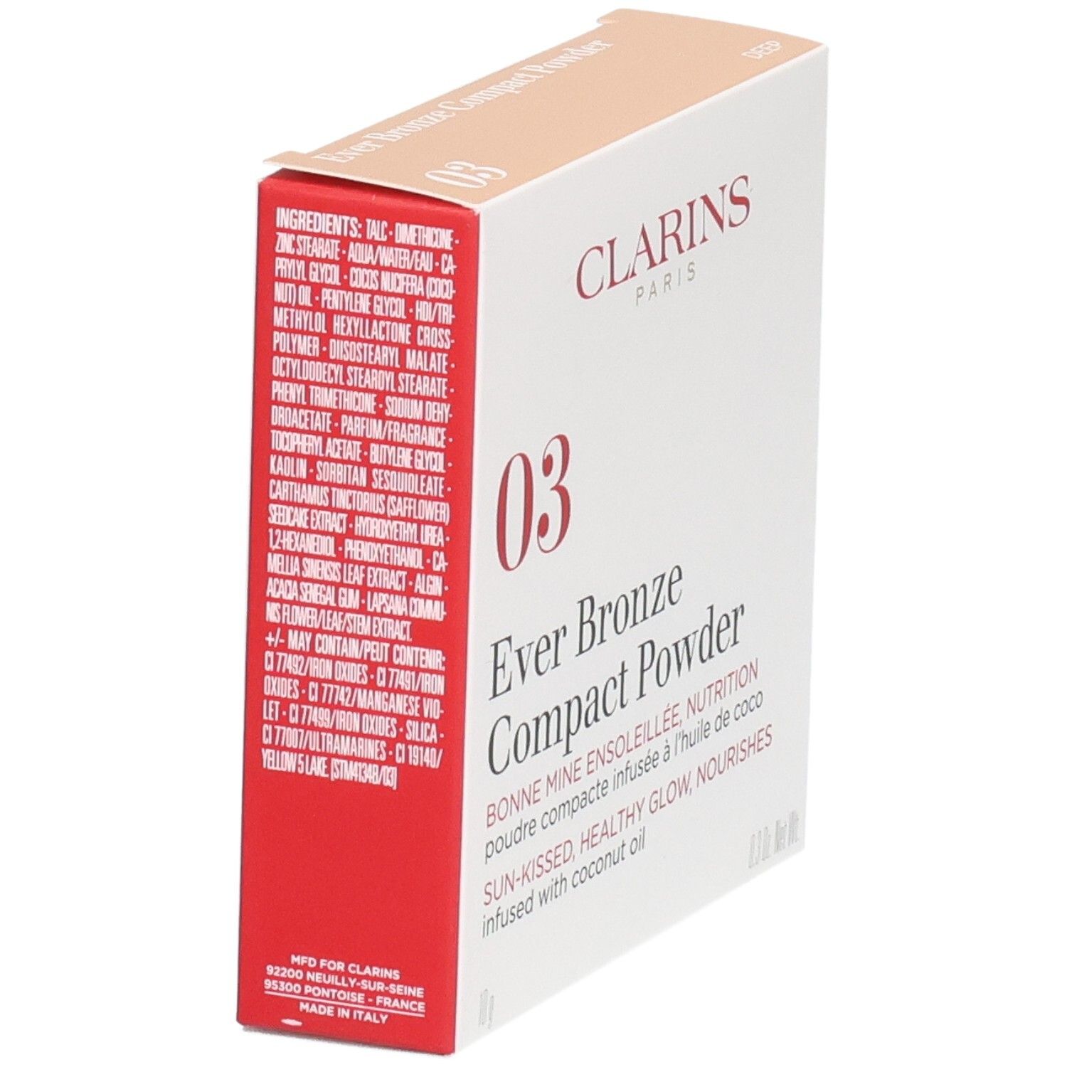 Confezione Clarins Ever Bronze Compact Powder 03, vista laterale con elenco ingredienti e luogo di produzione.