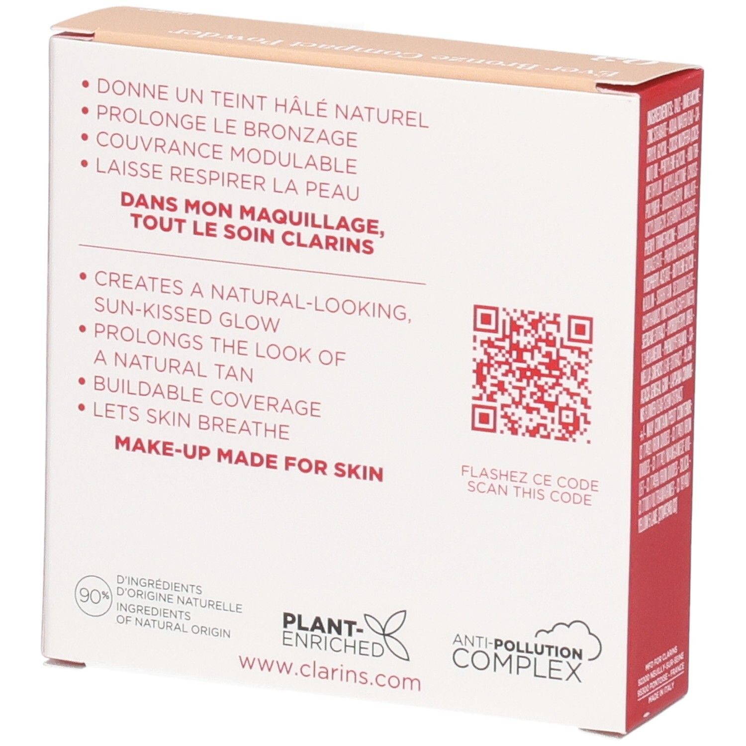 Confezione Clarins Ever Bronze Compact Powder 03, retro con benefici del prodotto, QR code e certificazioni.