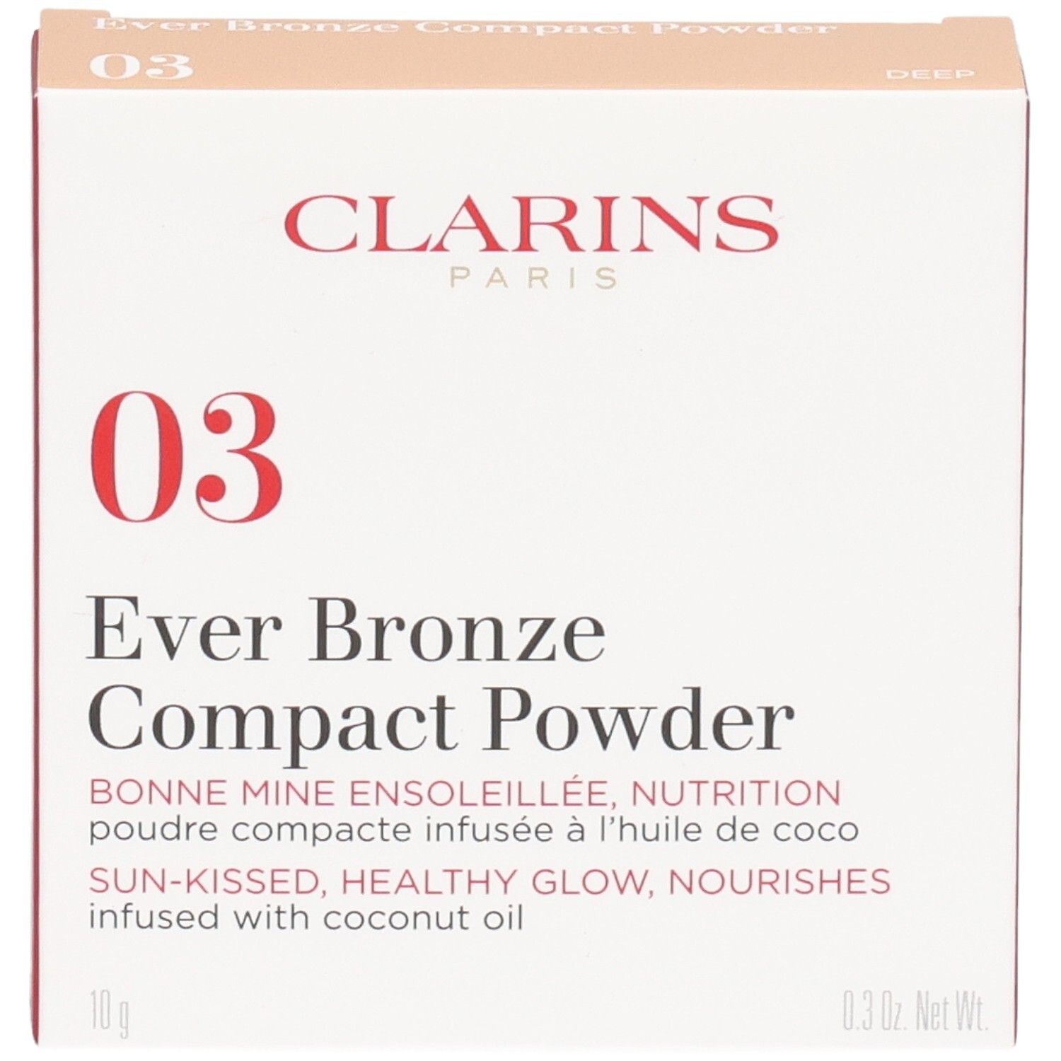 Confezione Clarins Ever Bronze Compact Powder 03, vista frontale. Riporta informazioni sul prodotto e il nome del marchio.