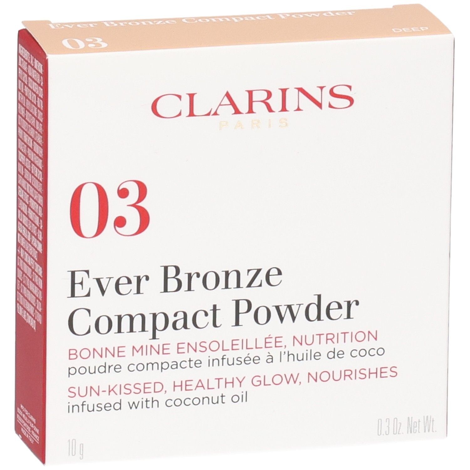 Confezione Clarins Ever Bronze Compact Powder 03, vista frontale. Riporta informazioni sul prodotto e il nome del marchio.