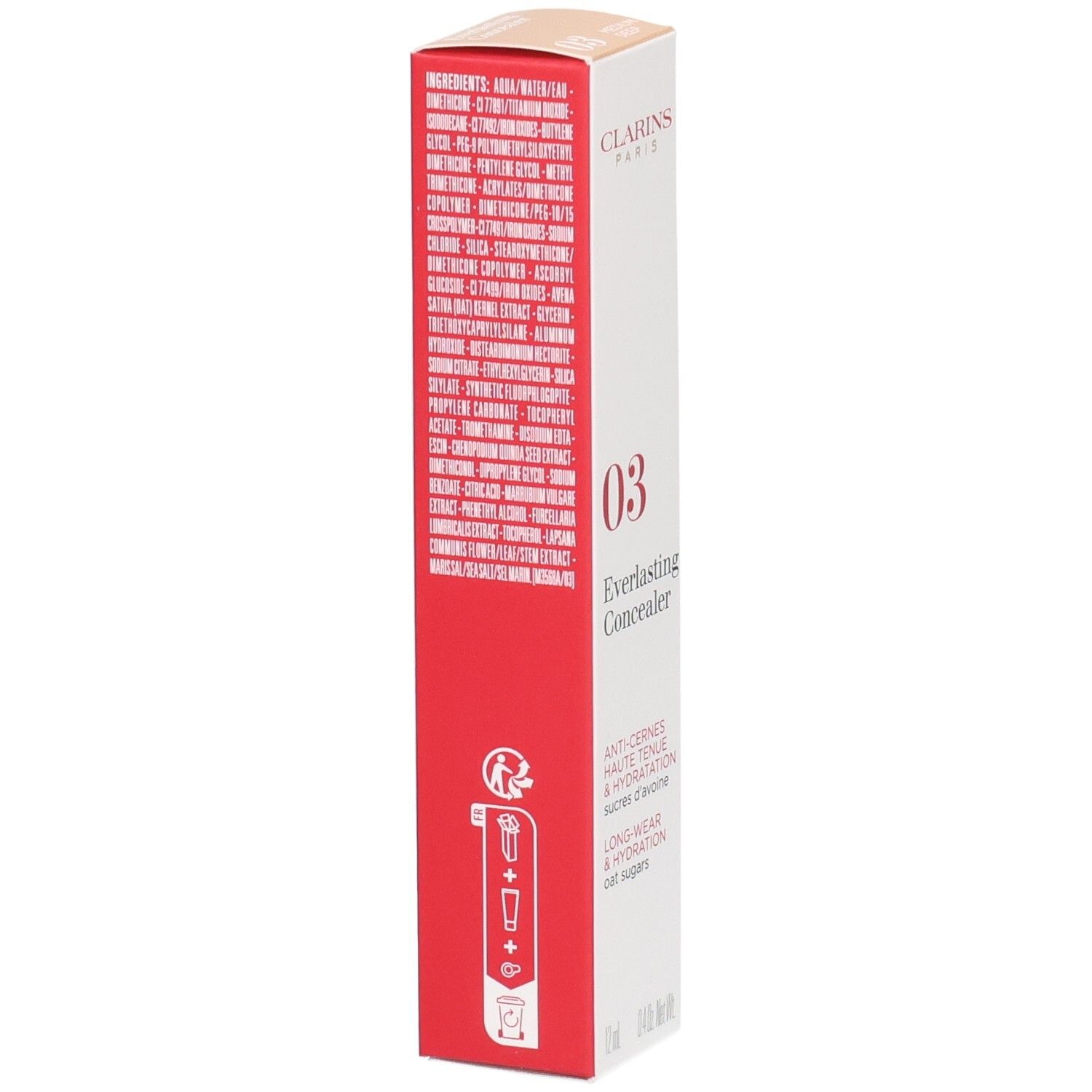 Clarins Everlasting Concealer 03 confezione esterna, lato con ingredienti e istruzioni per l'uso.