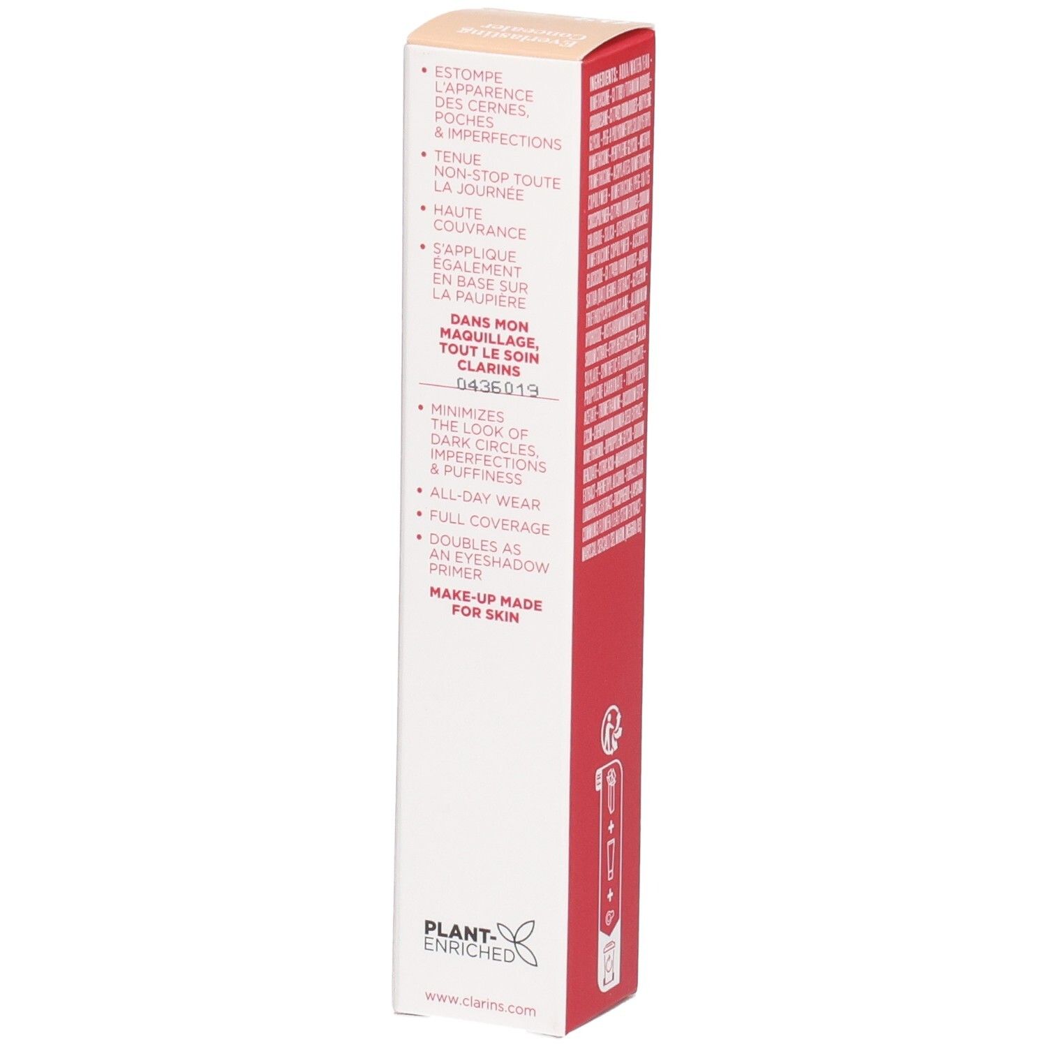 Clarins Everlasting Concealer 03 confezione esterna, lato con benefici del prodotto e consigli d'uso.
