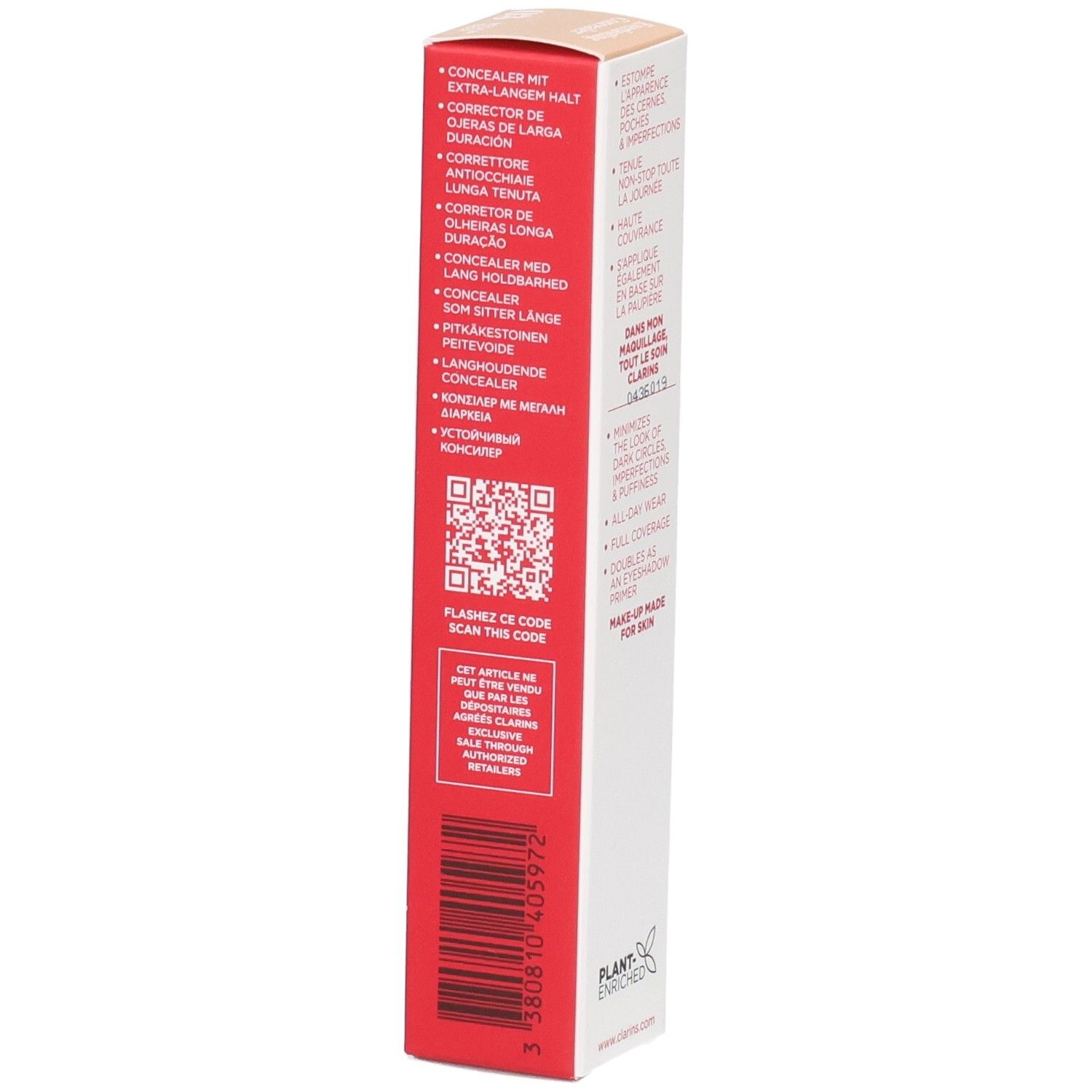 Clarins Everlasting Concealer 03 confezione esterna, lato con informazioni sul prodotto in più lingue.