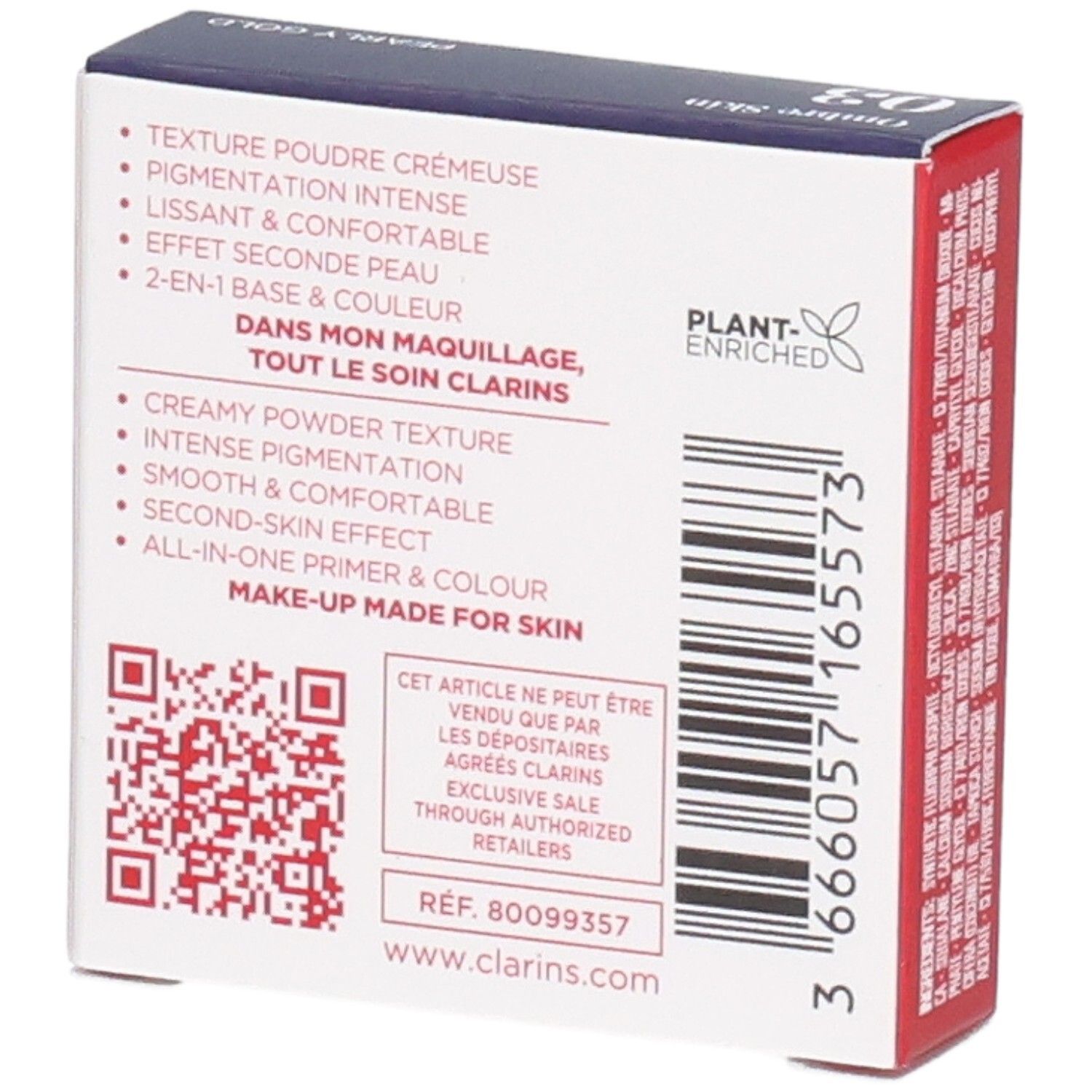 Clarins Ombre Skin ombretto 03 Pearly Gold, retro con caratteristiche prodotto e codice QR.
