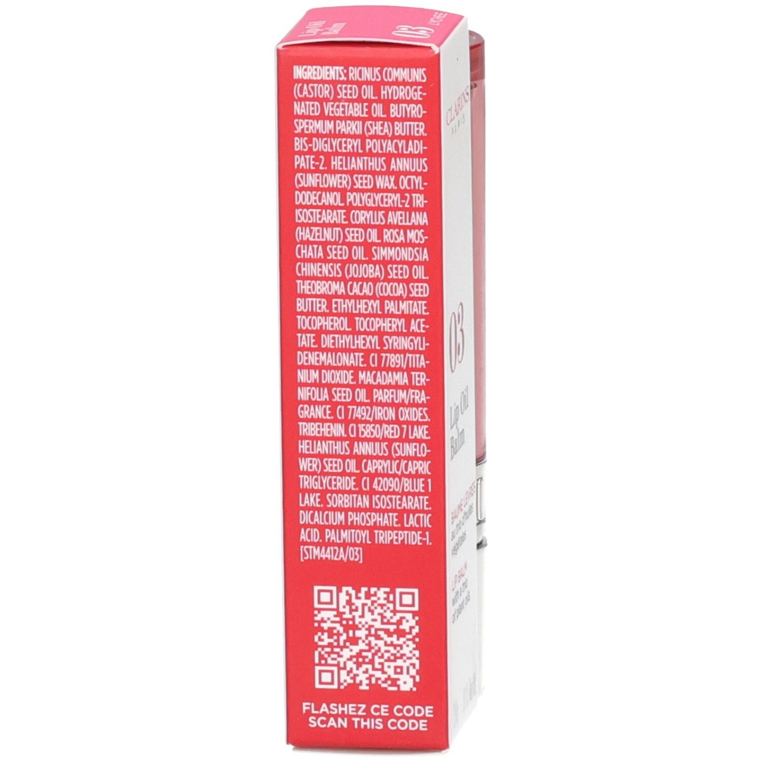 Clarins Lip Oil Balm 03: Retro della confezione con ingredienti e codice QR.