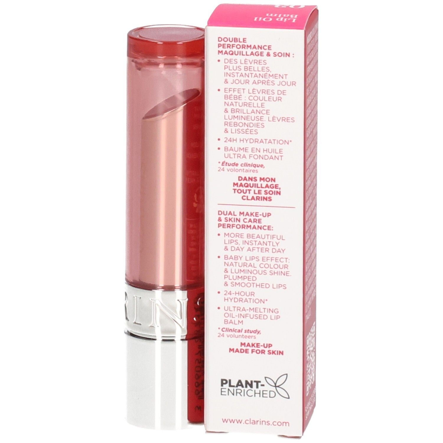 Clarins Lip Oil Balm 03: Stick e confezione. Balsamo labbra rosato con corpo dorato e argentato.
