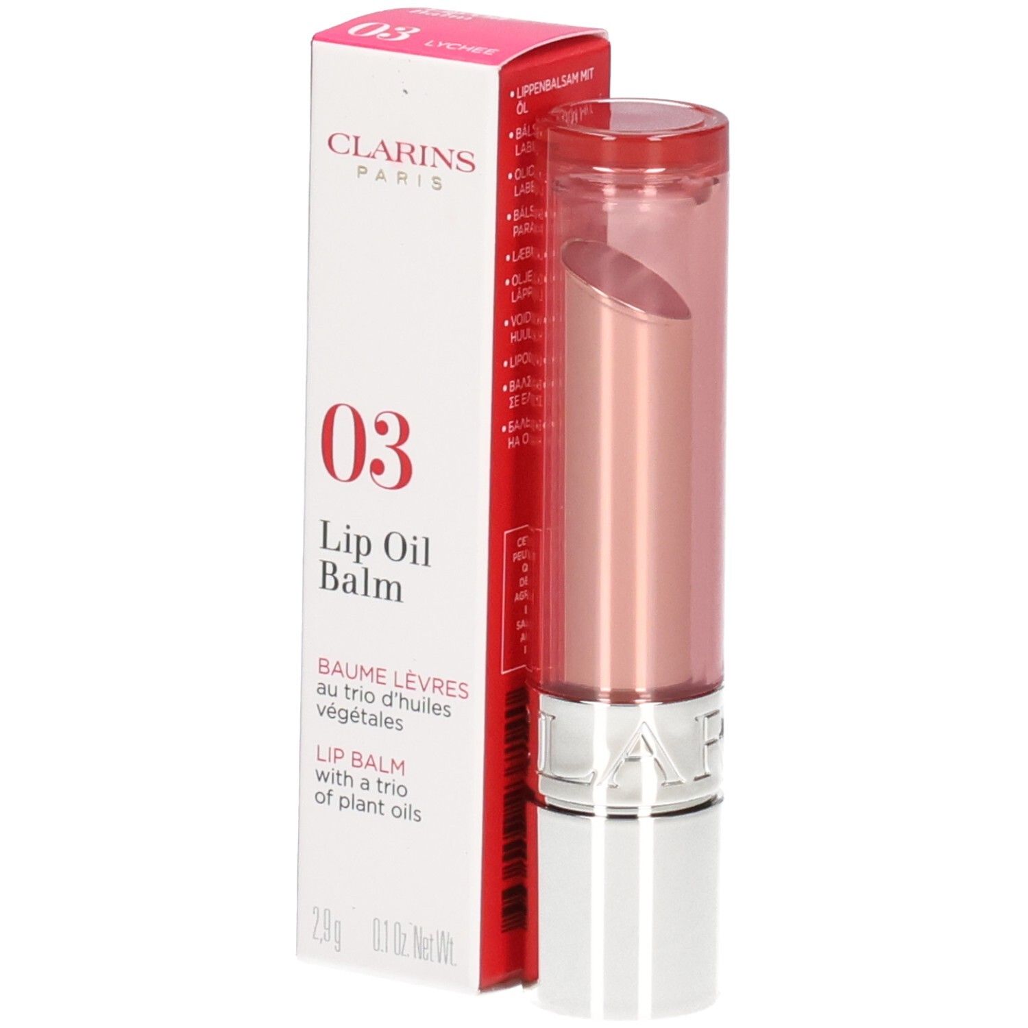 Clarins Lip Oil Balm 03 in scatola e stick. Balsamo labbra rosato con corpo dorato e argentato.