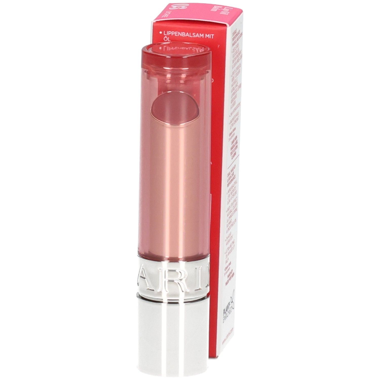Clarins Lip Oil Balm 03: Balsamo labbra in stick rosa con corpo argentato.