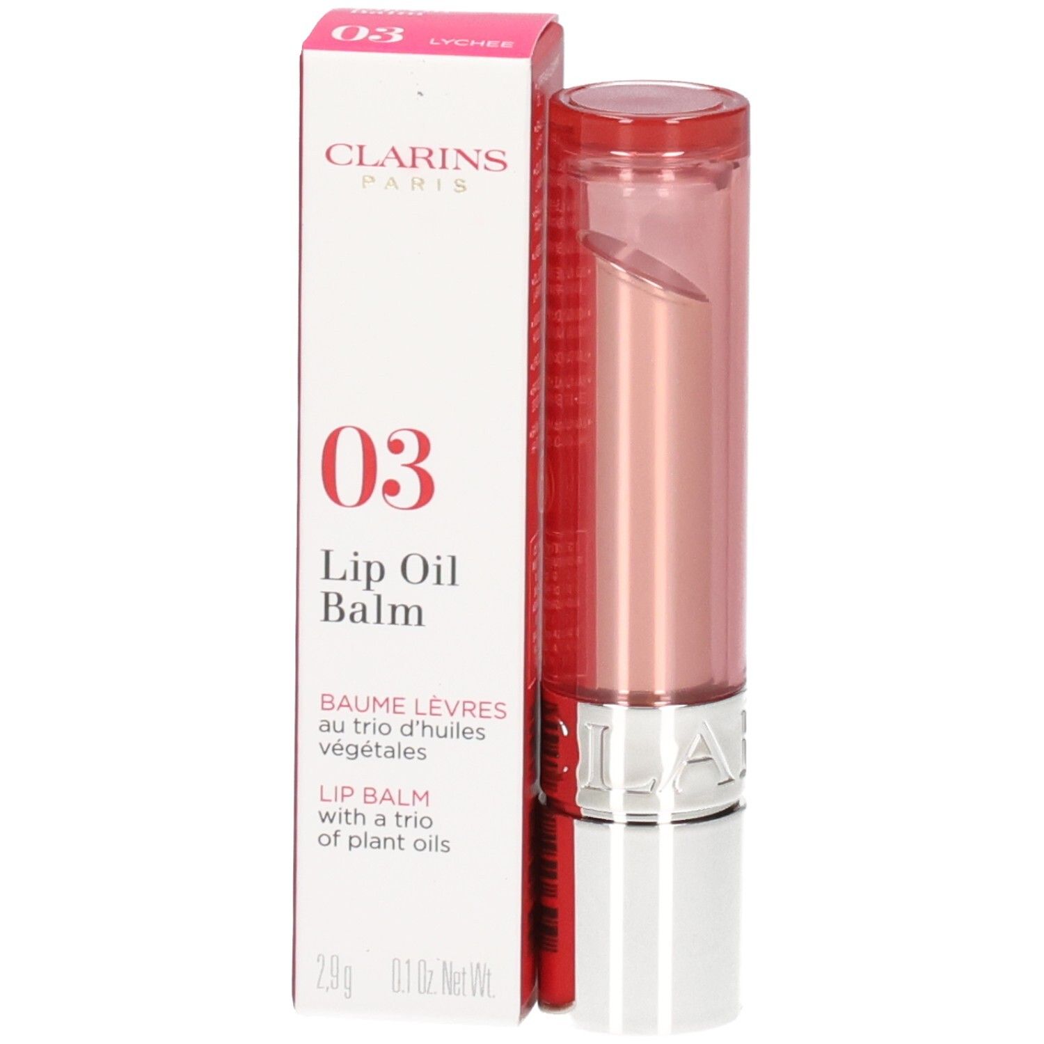Clarins Lip Oil Balm 03 in scatola e stick. Balsamo labbra rosato con corpo dorato e argentato.