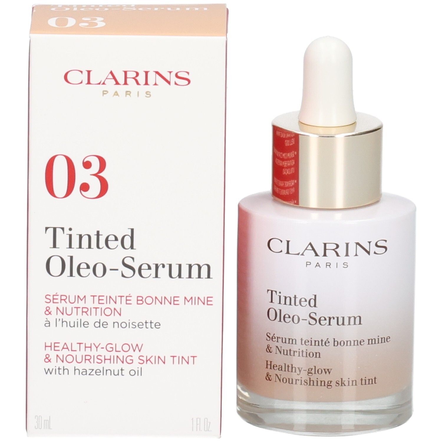 Flacone e confezione Clarins Tinted Oleo-Serum, tonalità 03, 30ml.