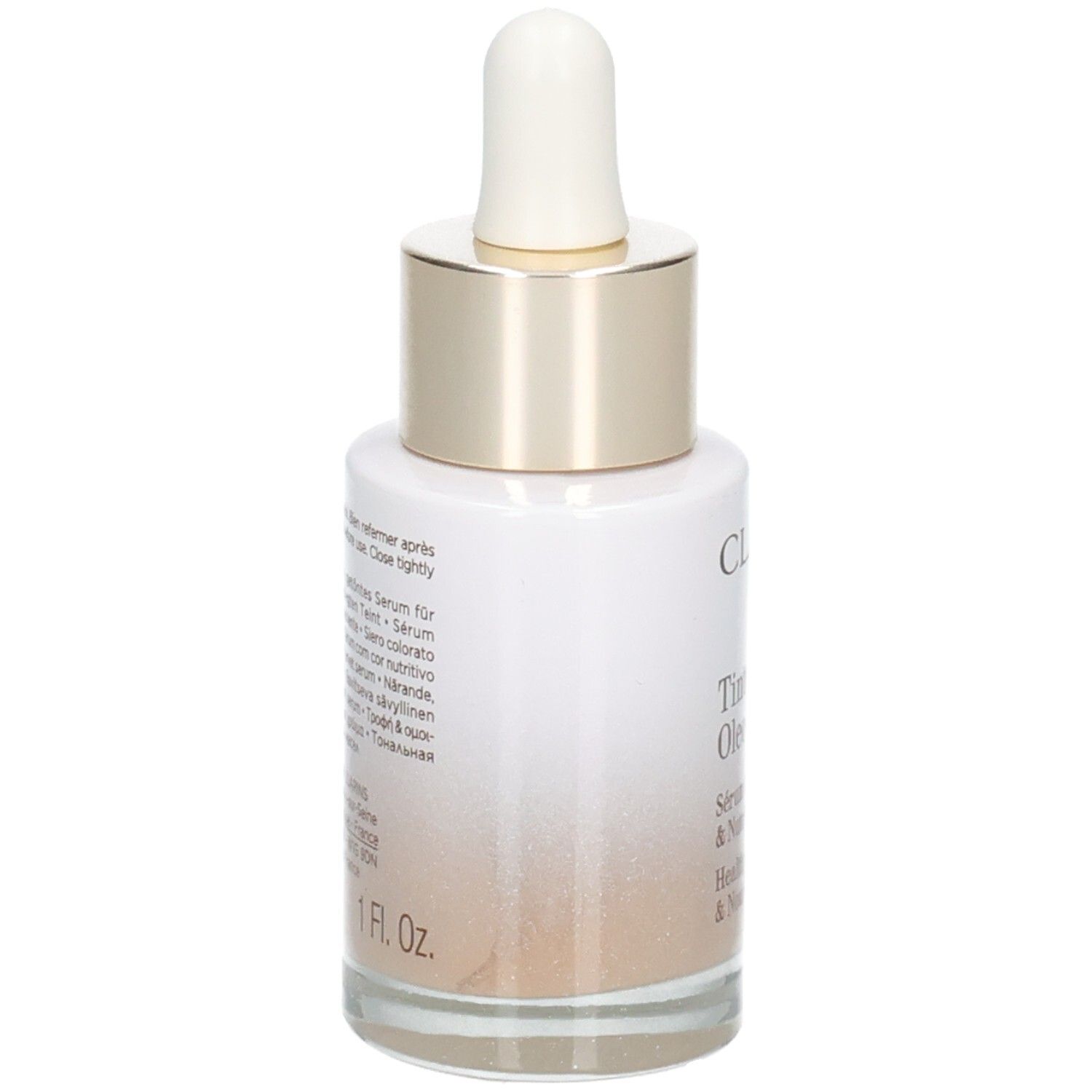 Clarins Tinted Oleo-Serum 04: retro del flacone in vetro con contagocce. Contiene istruzioni e ingredienti.