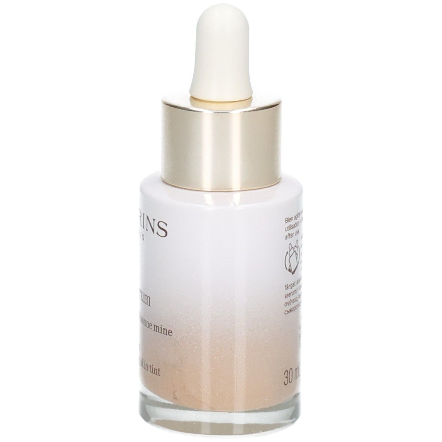 Clarins Tinted Oleo-Serum 04: flacone in vetro con contagocce, anello dorato. Vista posteriore dettagliata con testo.
