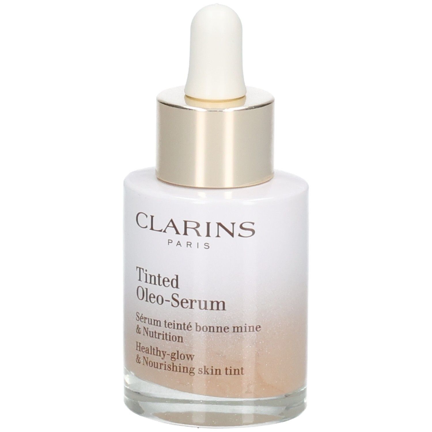 Clarins Tinted Oleo-Serum 04: flacone in vetro con contagocce, anello dorato, tappo bianco. Siero sfumato.