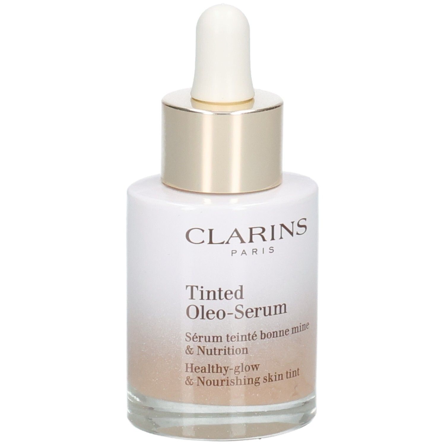 Clarins Tinted Oleo-Serum 04: flacone in vetro con contagocce, anello dorato, tappo bianco. Siero sfumato.