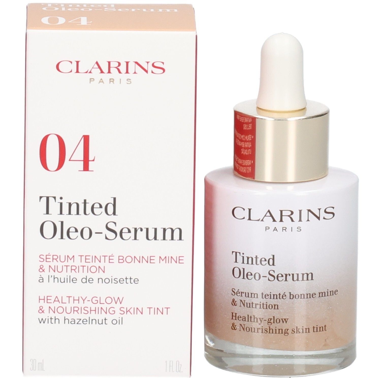 Flacone Clarins Tinted Oleo-Serum e scatola. Numero 04, anello dorato.