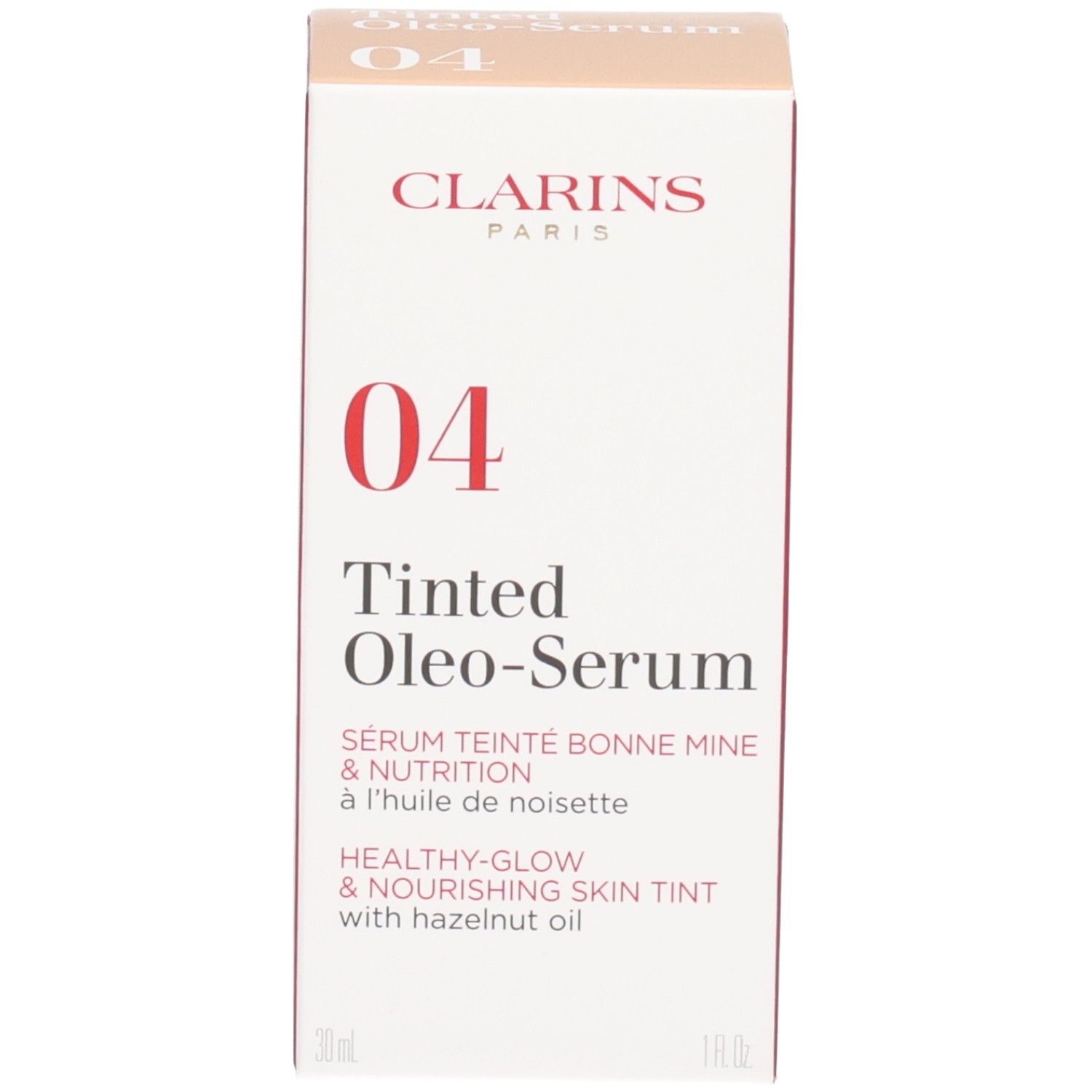 Clarins Tinted Oleo-Serum 04: scatola. La scatola mostra nome prodotto, colore 04, marca e 30 ml.