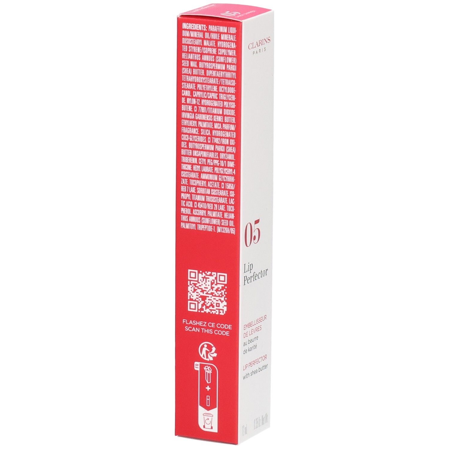 Scatola pieghevole Clarins Lip Perfector 05, retro con elenco ingredienti e codice QR.