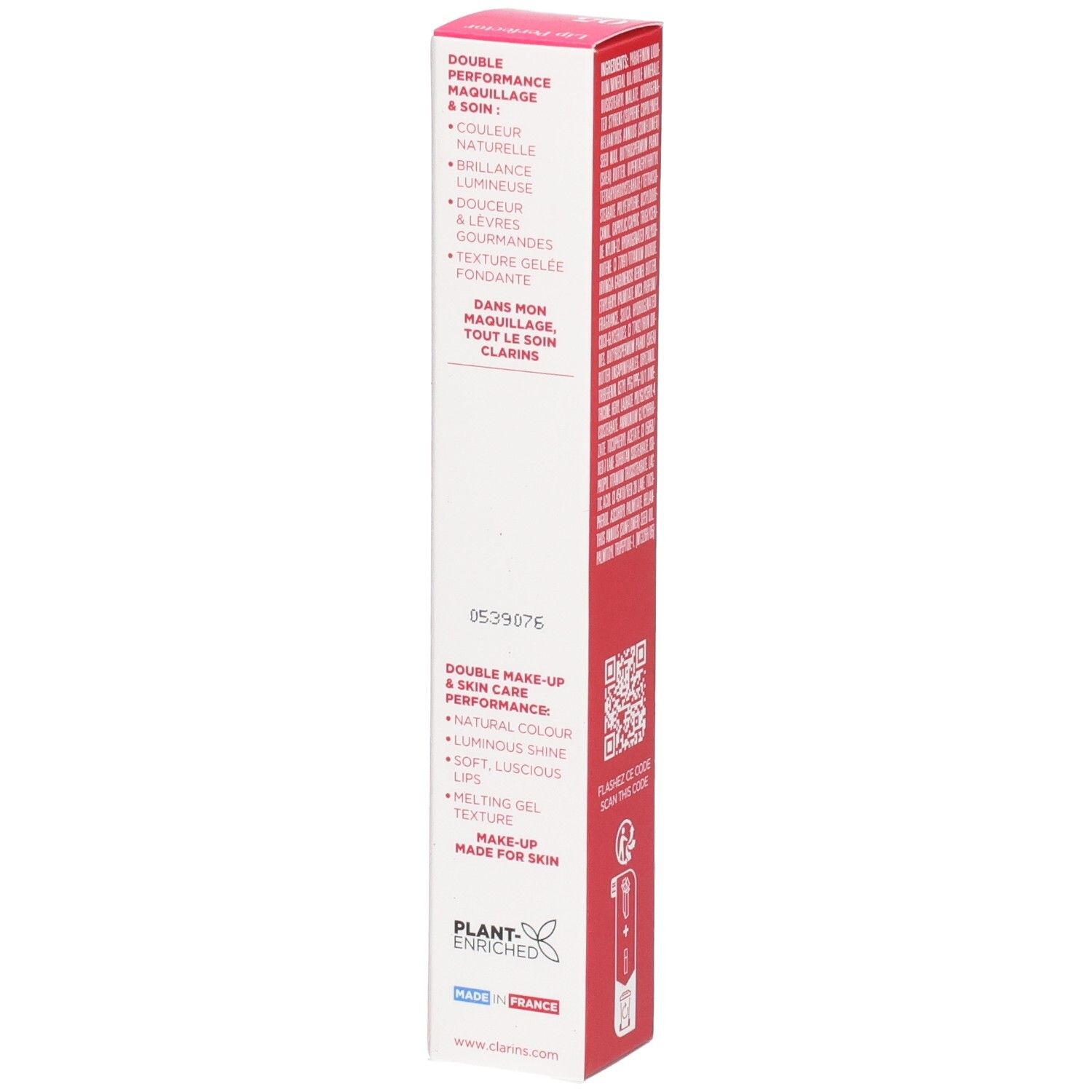 Scatola pieghevole Clarins Lip Perfector 05, lato con benefici prodotto e indicazione di origine.