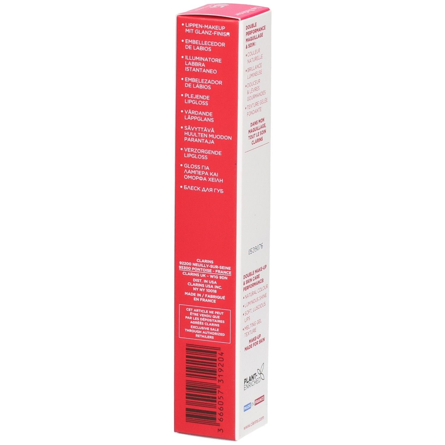 Scatola pieghevole Clarins Lip Perfector 05, lato con descrizioni prodotto multilingue.