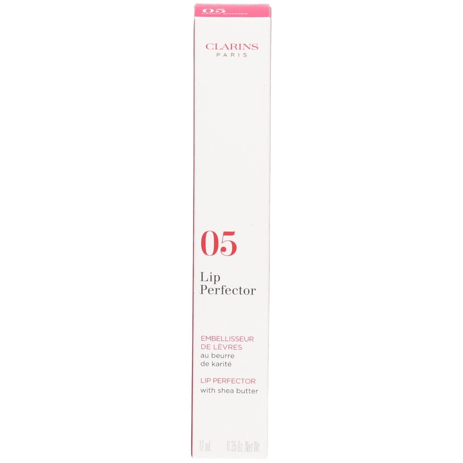 Clarins Lip Perfector 05 in scatola pieghevole, lato anteriore con informazioni sul prodotto.