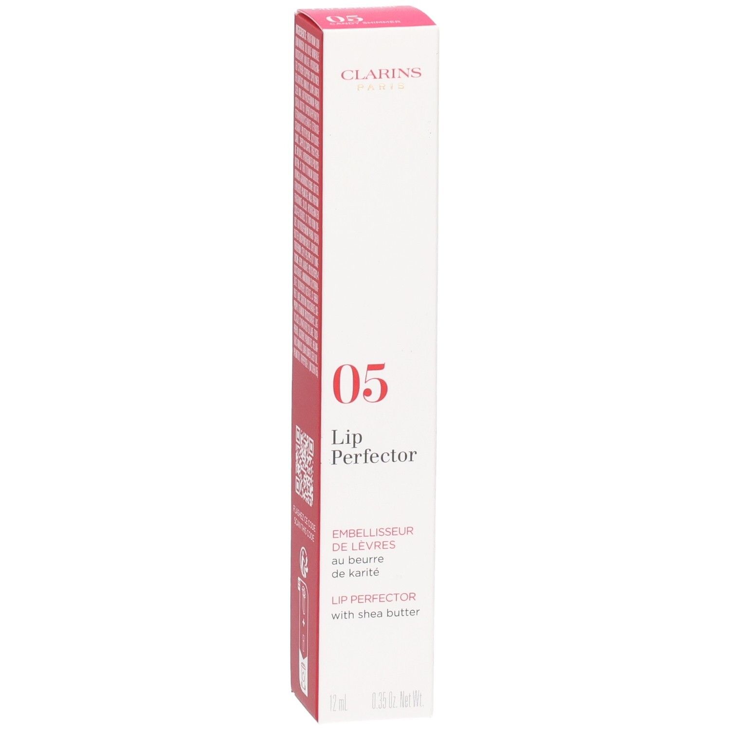 Clarins Lip Perfector 05 in scatola pieghevole, lato anteriore con informazioni sul prodotto.