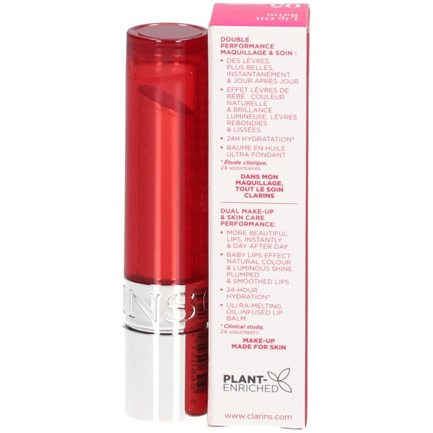 Clarins Lip Balm Oil 05 in astuccio rosso, scatola aperta.