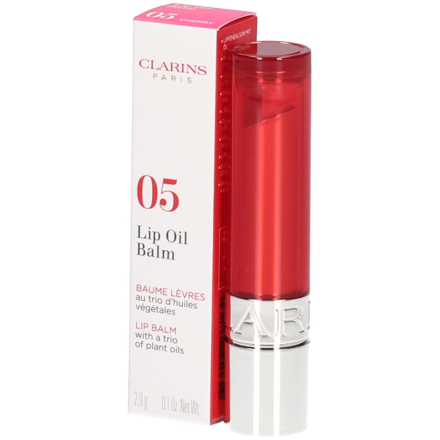 Clarins Lip Balm Oil 05 in astuccio rosso con scatola.