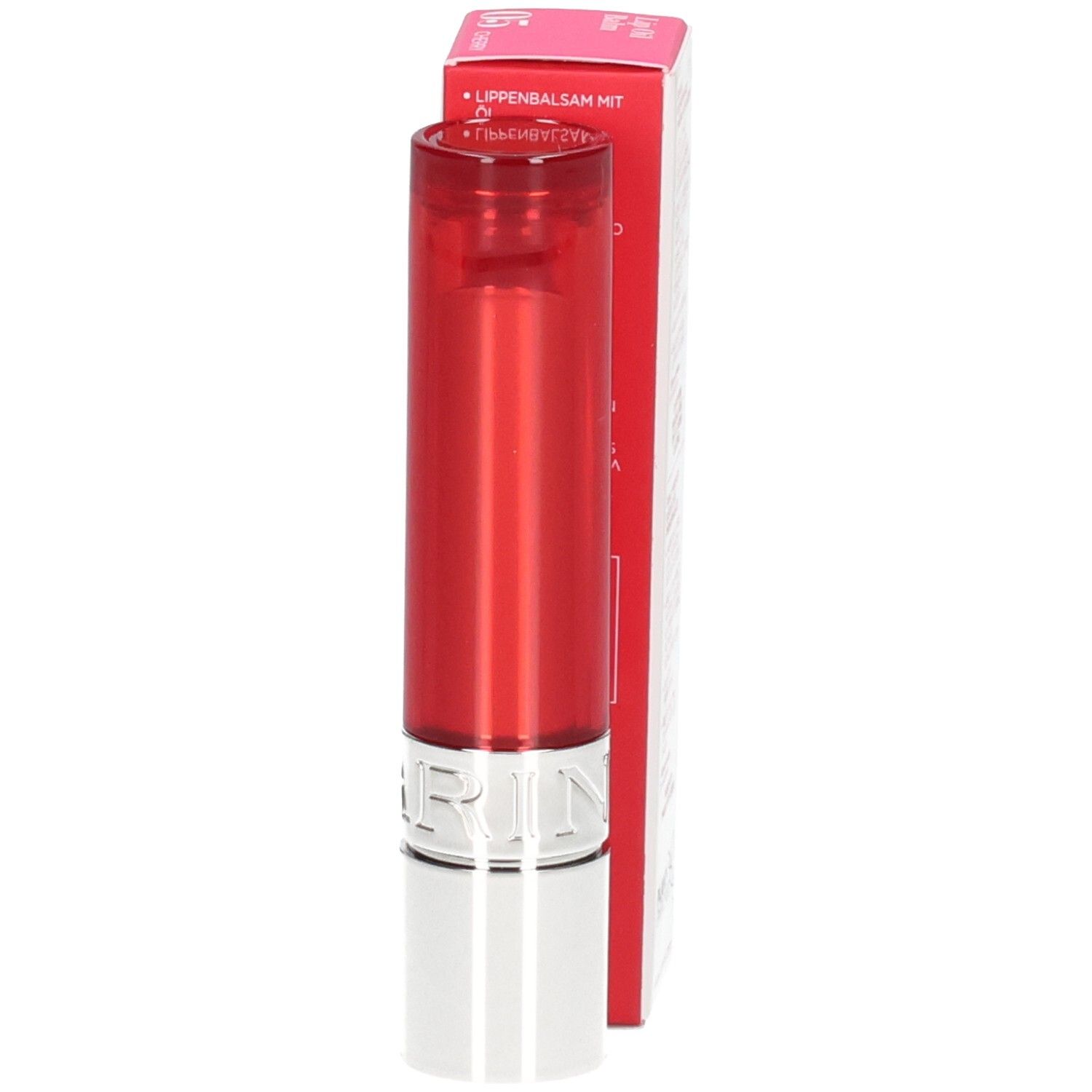 Clarins Lip Balm Oil 05 in astuccio rosso, scatola.