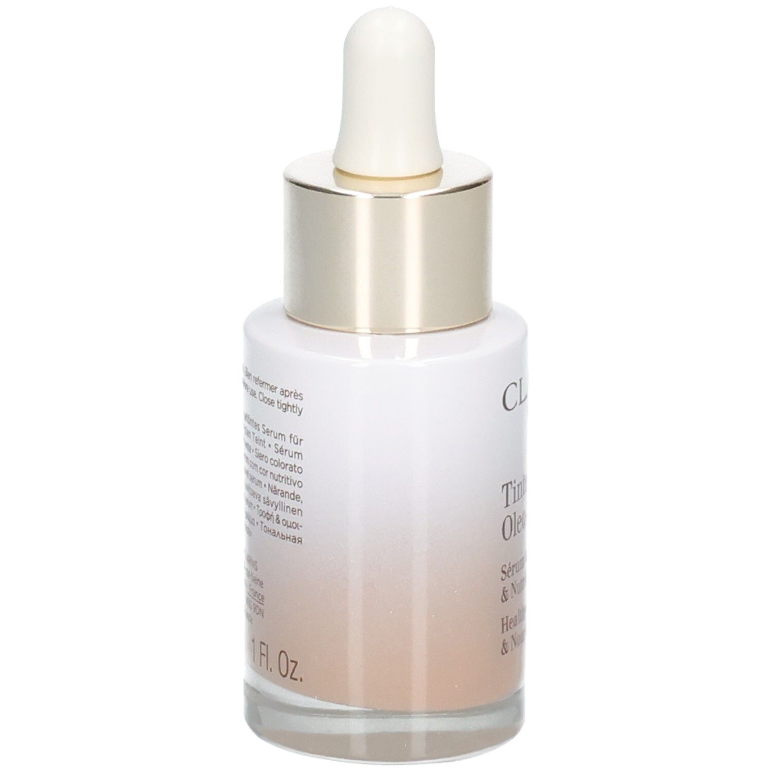 Flacone Clarins Tinted Oleo-Serum con contagocce, retro con informazioni sul prodotto, tonalità 05.