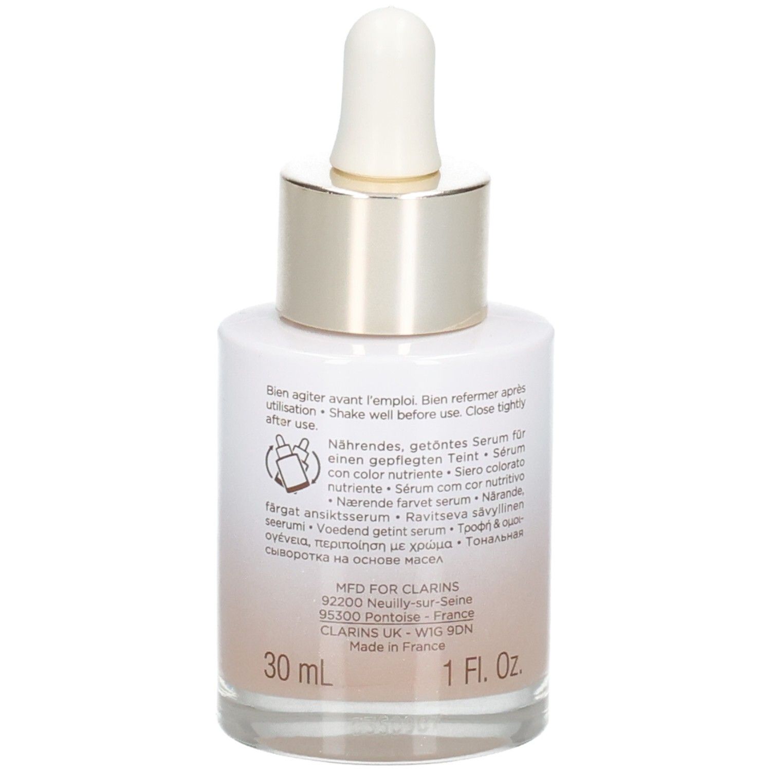 Flacone Clarins Tinted Oleo-Serum con contagocce, retro con istruzioni per l'uso e informazioni sul prodotto, 30ml, tonalità 05.