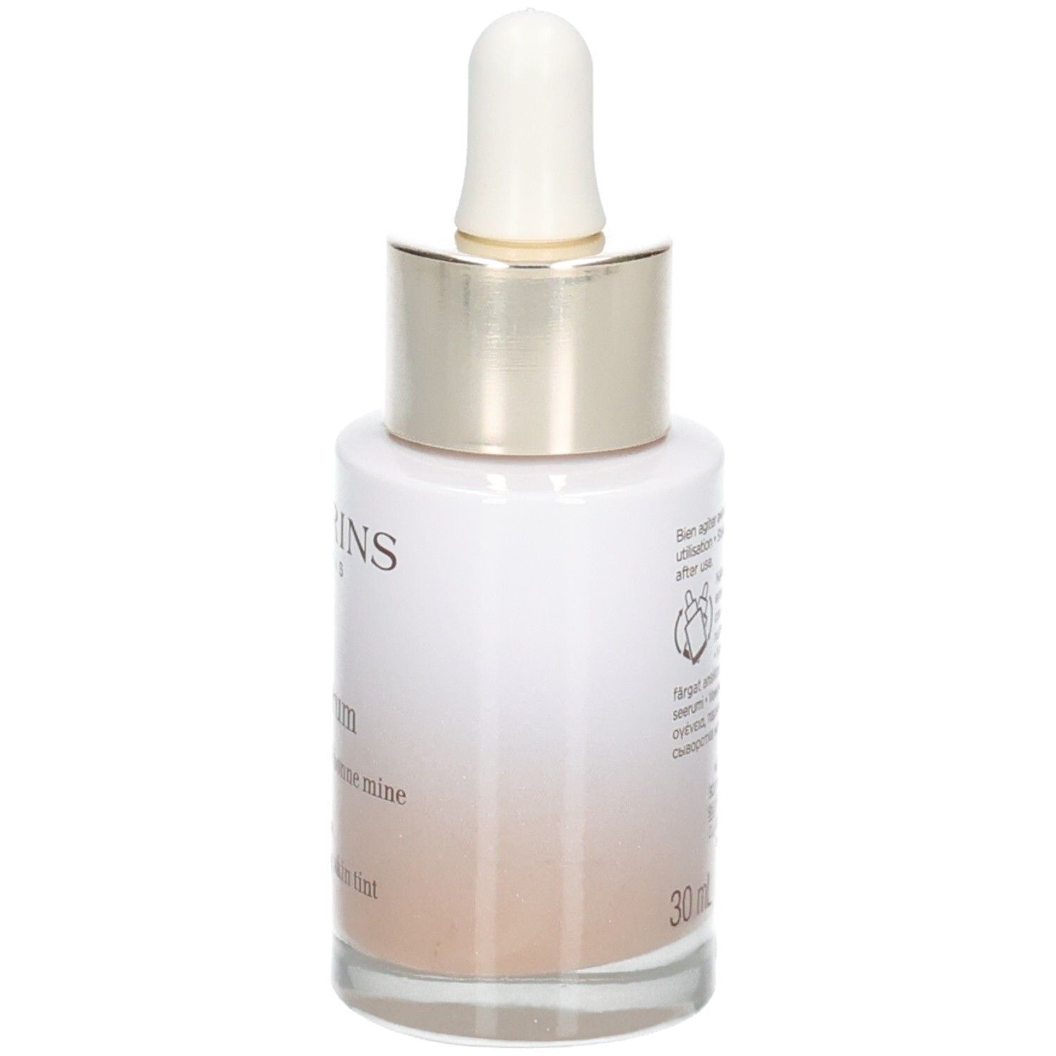 Flacone Clarins Tinted Oleo-Serum con contagocce, retro con informazioni sul prodotto, 30ml, tonalità 05.