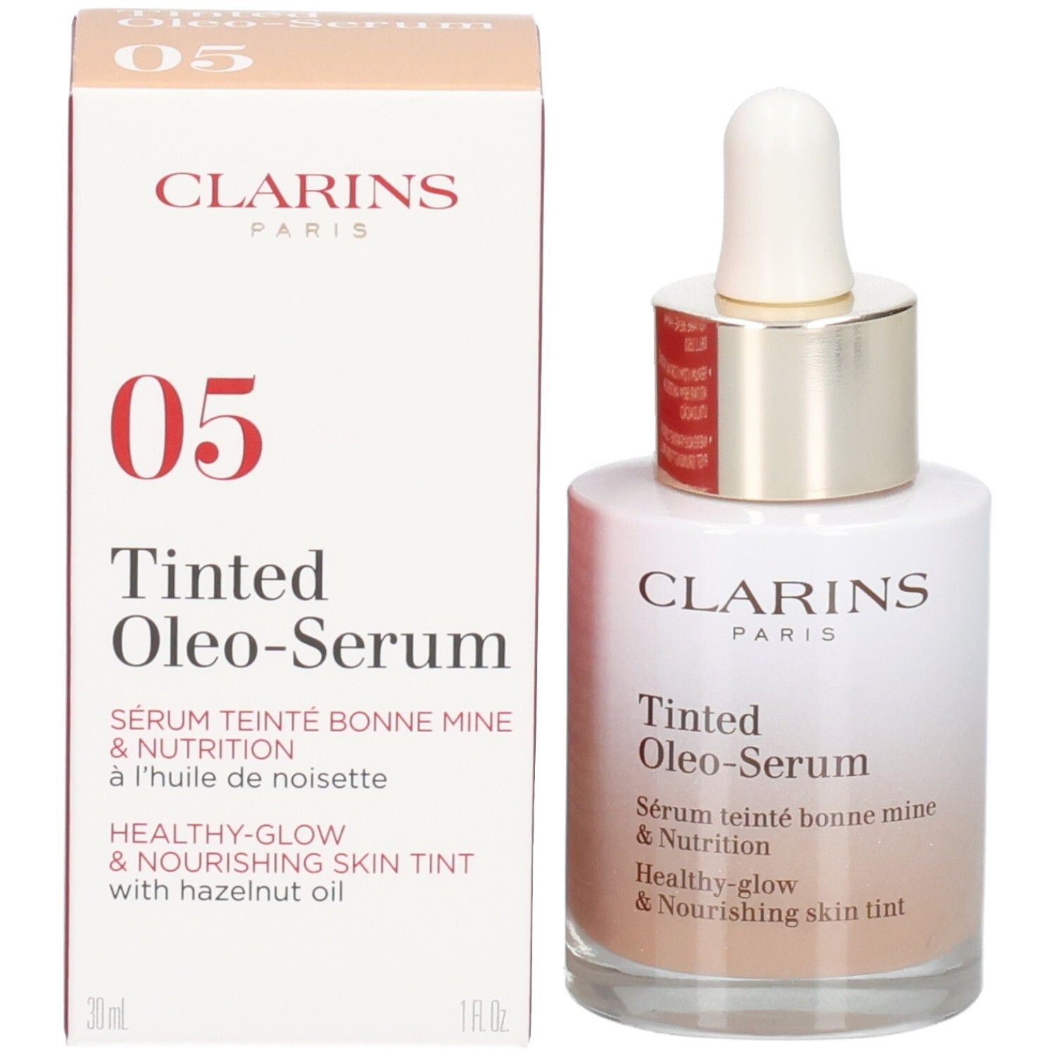 Flacone e scatola Clarins Tinted Oleo-Serum, tonalità 05.