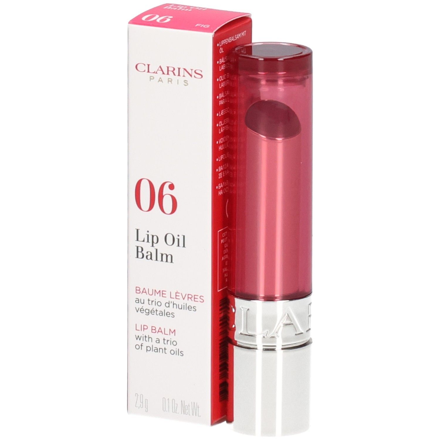 Clarins Lip Oil Balm, colore 06 Fig, con confezione e applicatore.