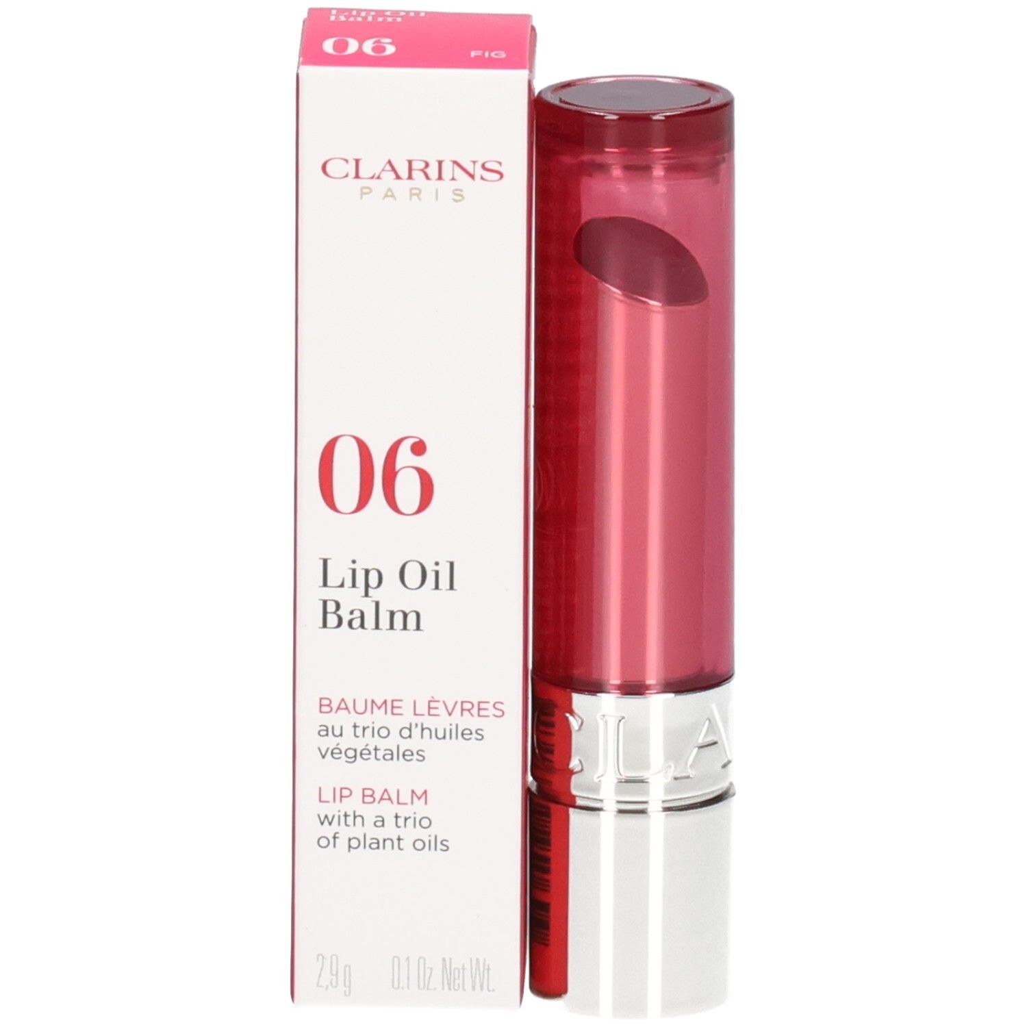 Clarins Lip Oil Balm, colore 06 Fig, con confezione e applicatore.