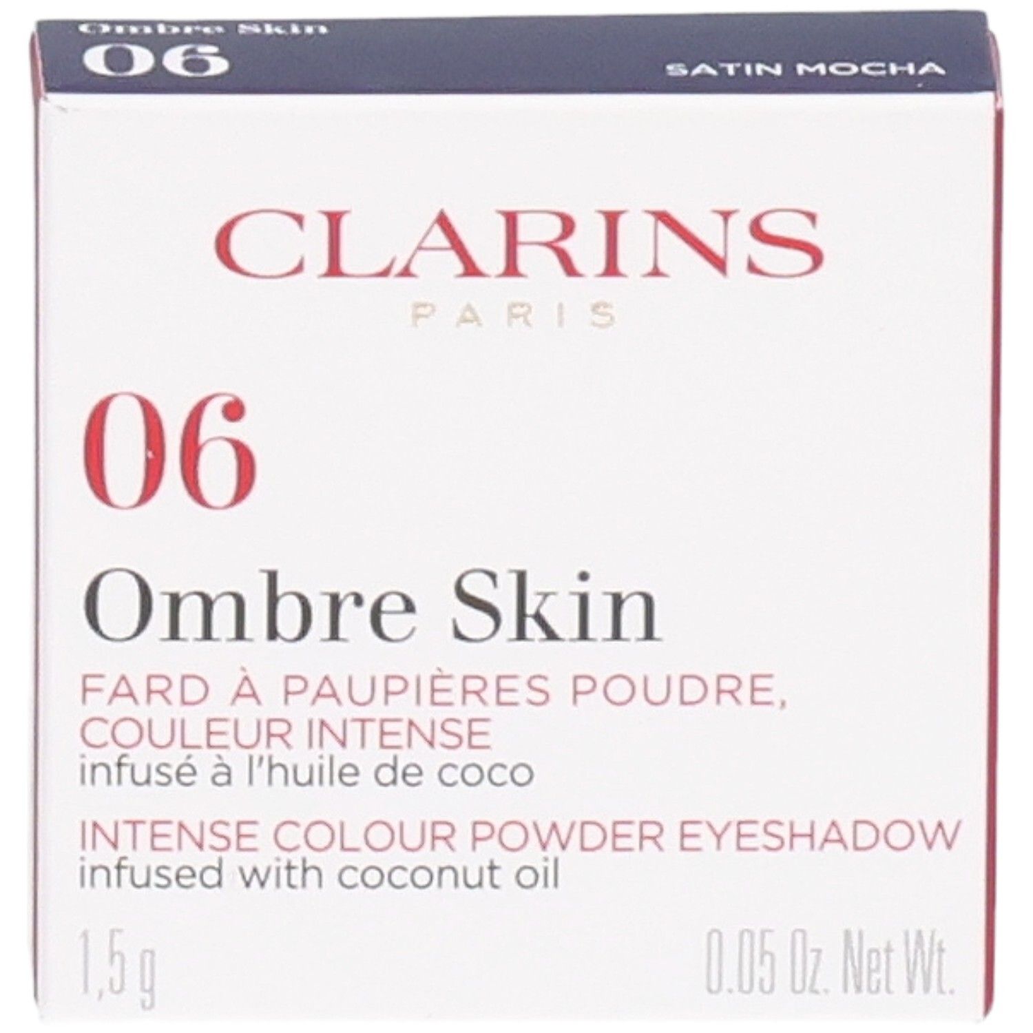 Clarins Ombre Skin 06 Satin Mocha, ombretto in polvere. Fronte della scatola con nome prodotto e numero colore.