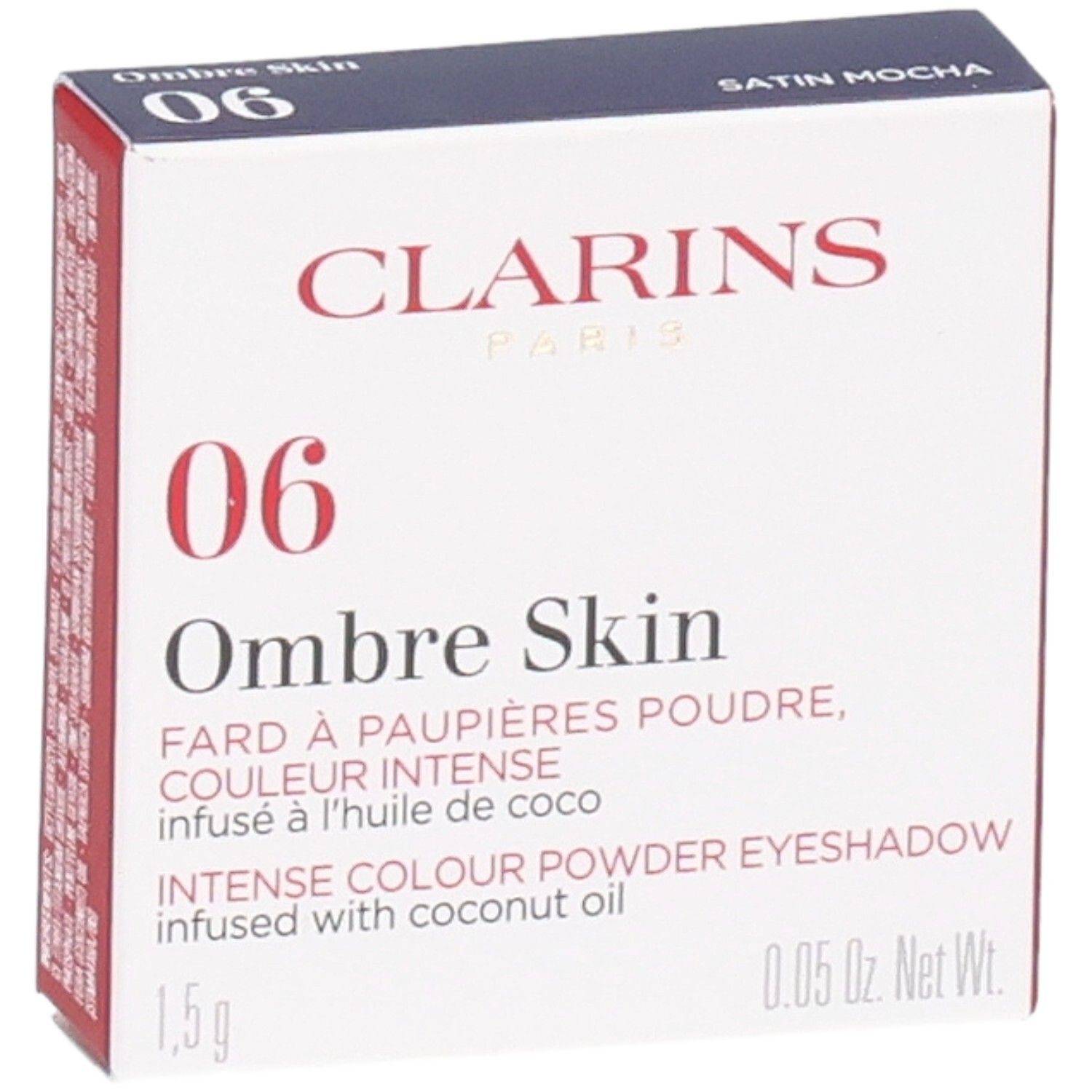 Clarins Ombre Skin 06 Satin Mocha, ombretto in polvere. Fronte della scatola con nome del marchio e designazione prodotto.