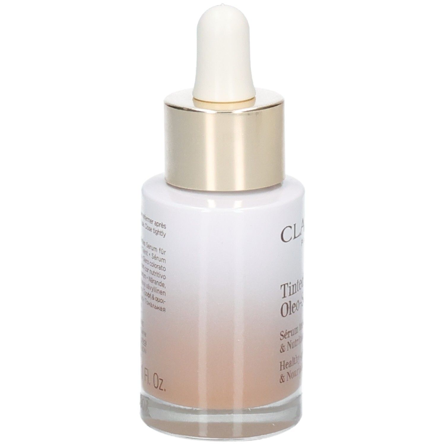 Flacone Clarins Tinted Oleo-Serum con contagocce. Anello dorato e tappo bianco. Vista laterale.
