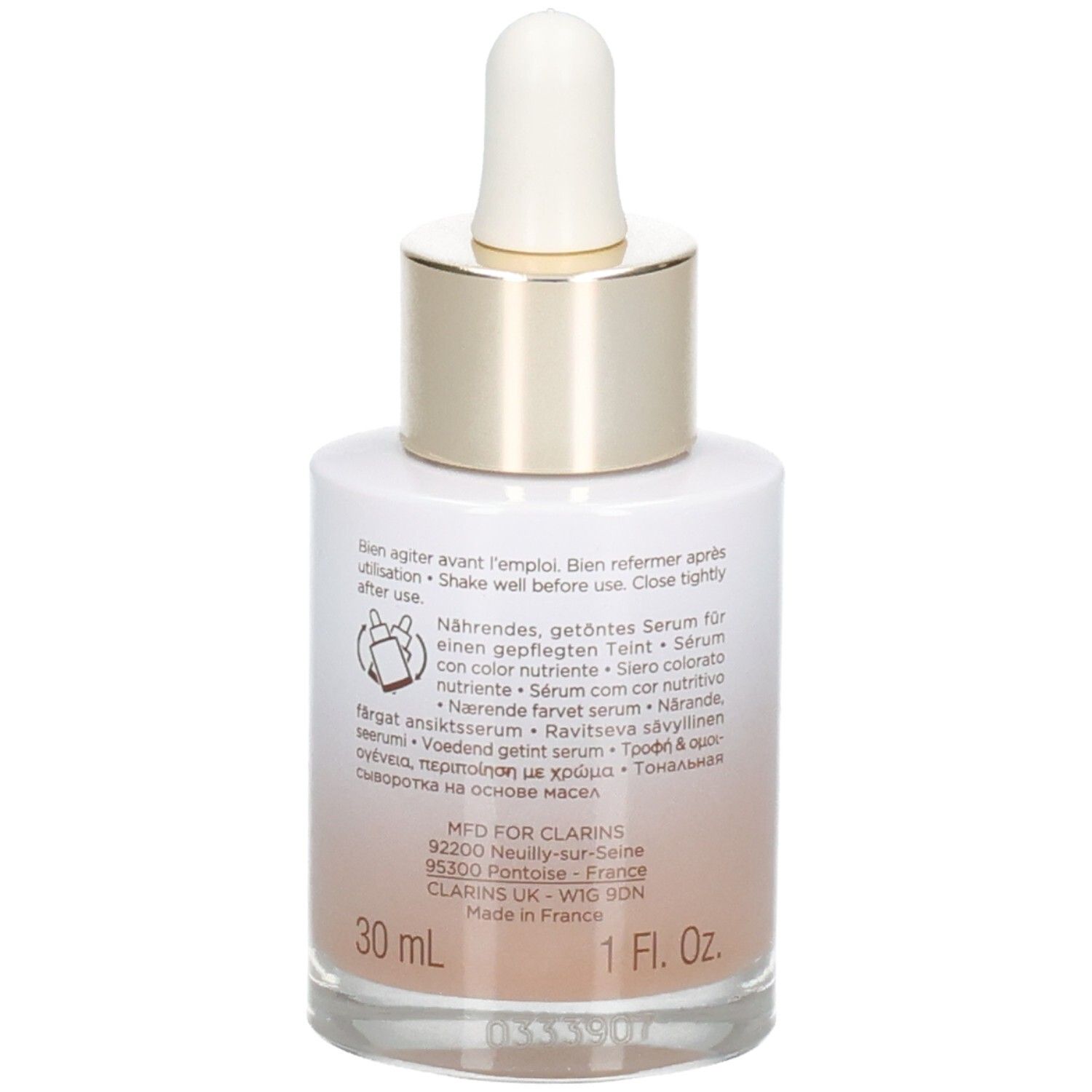 Flacone Clarins Tinted Oleo-Serum con contagocce. Retro con informazioni sul prodotto e indicazione 30ml.