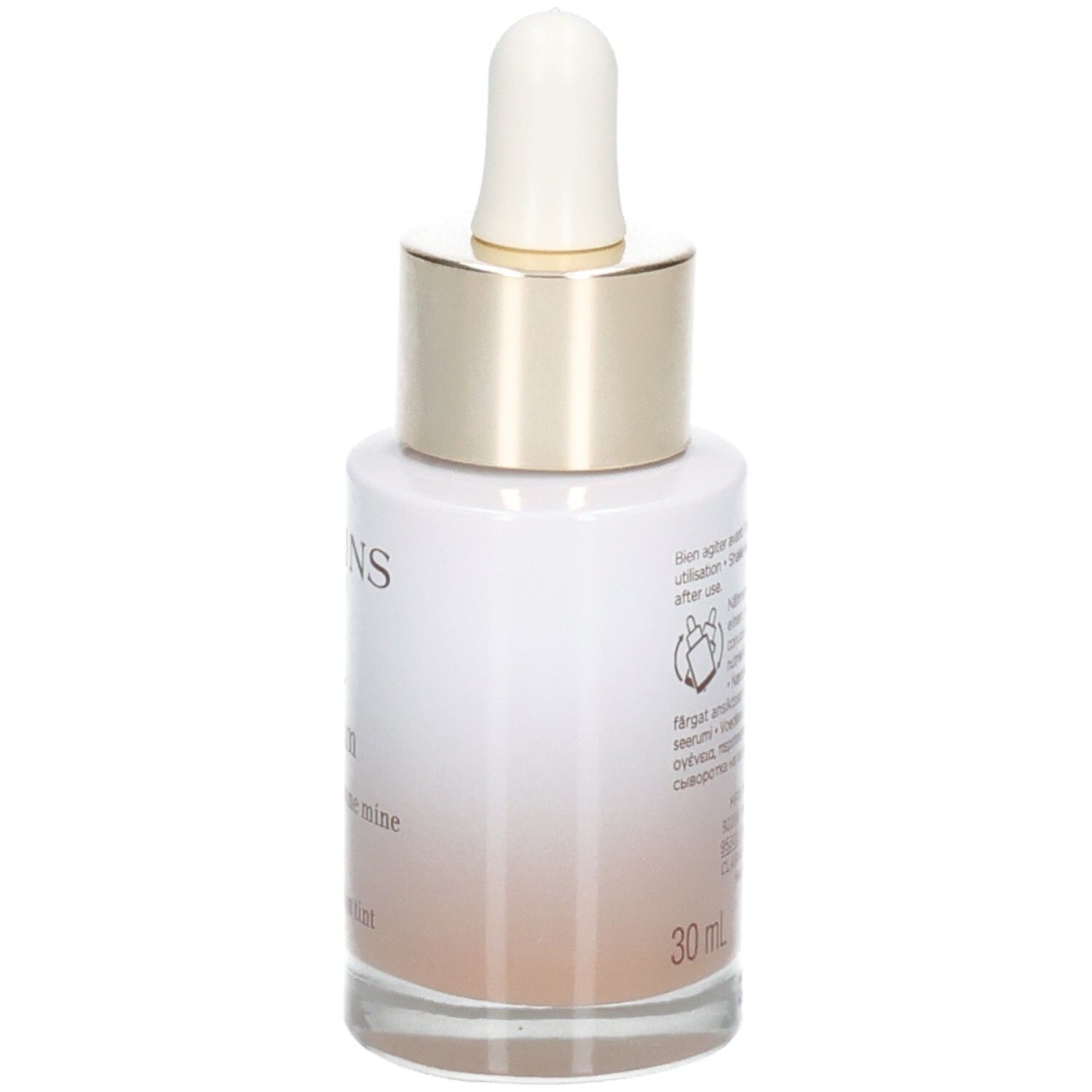 Flacone Clarins Tinted Oleo-Serum con contagocce. Vista laterale con informazioni prodotto.