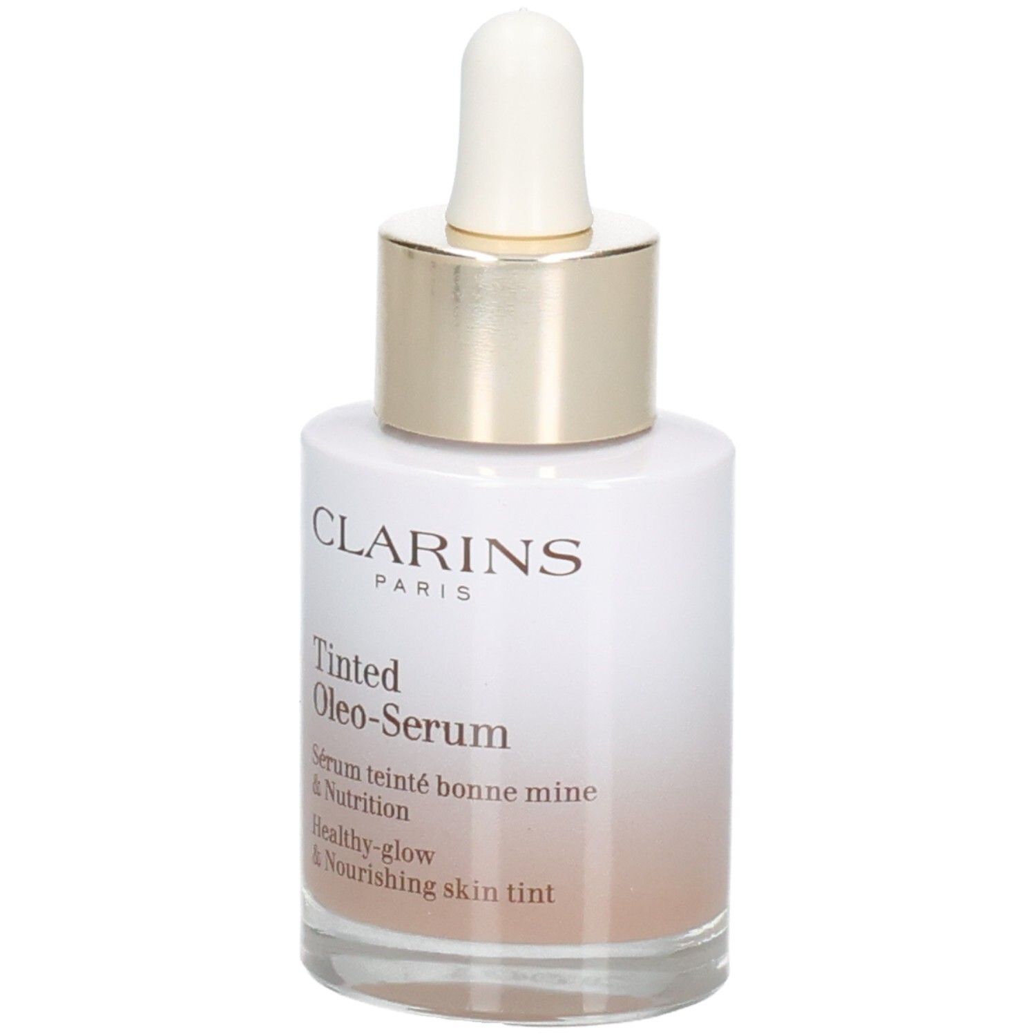 Flacone Clarins Tinted Oleo-Serum con contagocce. Anello dorato e tappo bianco. Vista frontale.