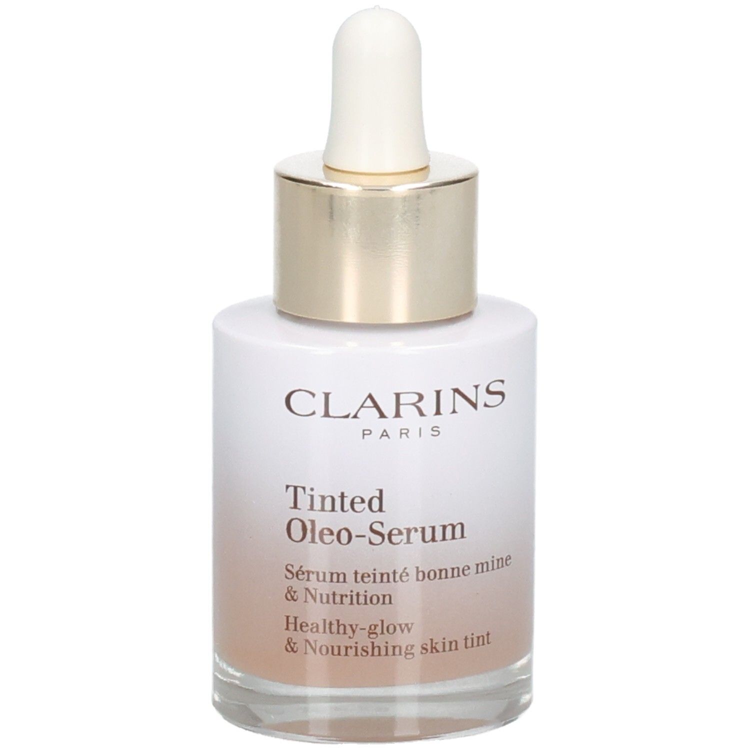 Flacone Clarins Tinted Oleo-Serum con contagocce. Anello dorato e tappo bianco. Vista frontale.