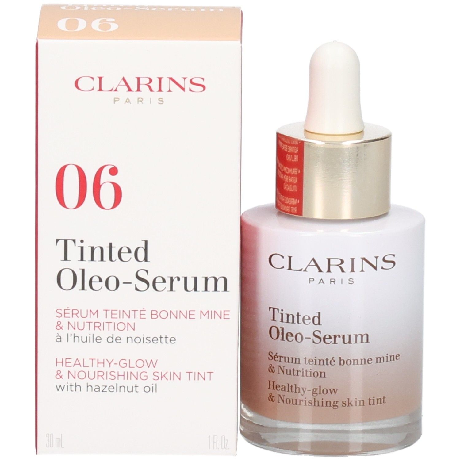 Flacone Clarins Tinted Oleo-Serum e scatola. Numero 06 sulla confezione.