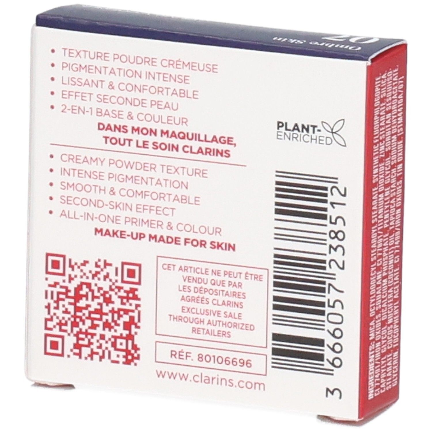 Clarins Ombre Skin ombretto compatto 07 Rame Perlato, 1,5 g, retro con ingredienti.