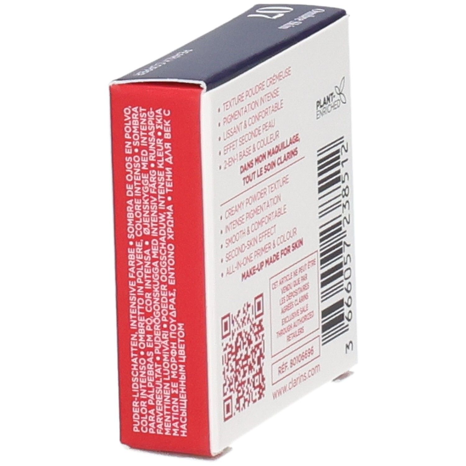 Clarins Ombre Skin ombretto compatto 07 Rame Perlato, 1,5 g, retro con informazioni prodotto.